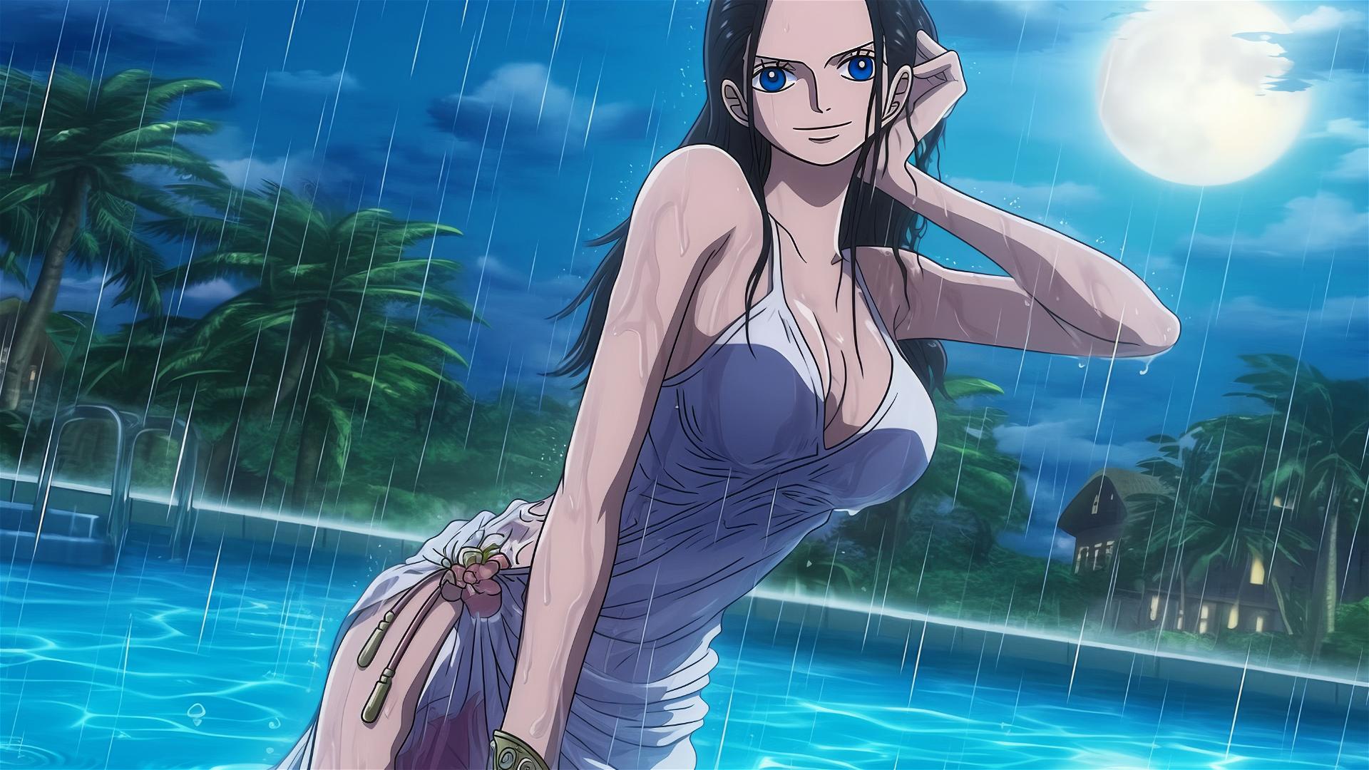 Nico Robin from One Piece, in bunny girl pose by moonlit pool, rain, blue eyes, white dress