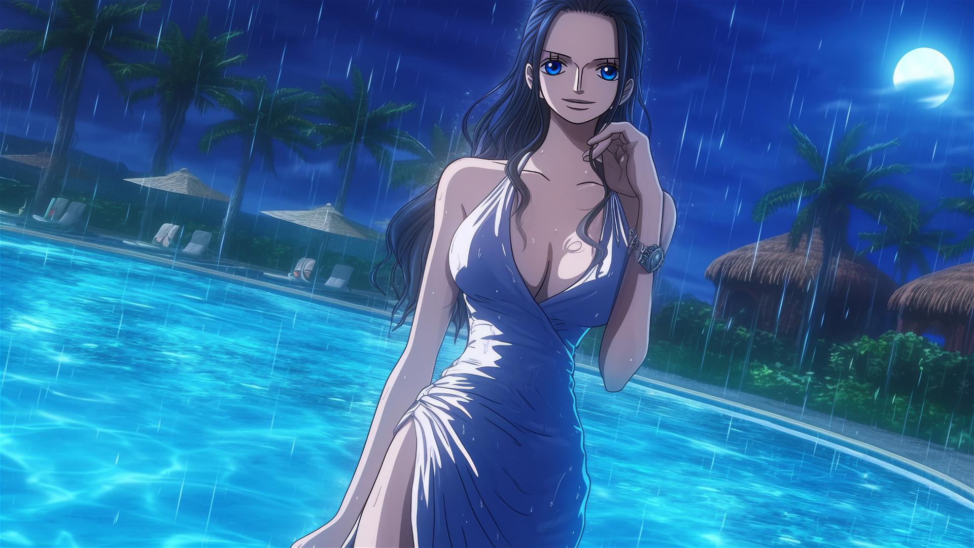 Nico Robin from One Piece, in bunny girl style, by moonlit pool