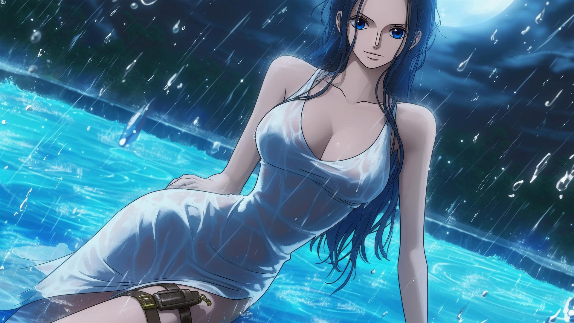 Nico Robin from One Piece swimming in a pool under the moonlight in a bunny girl pose, rain and white dress