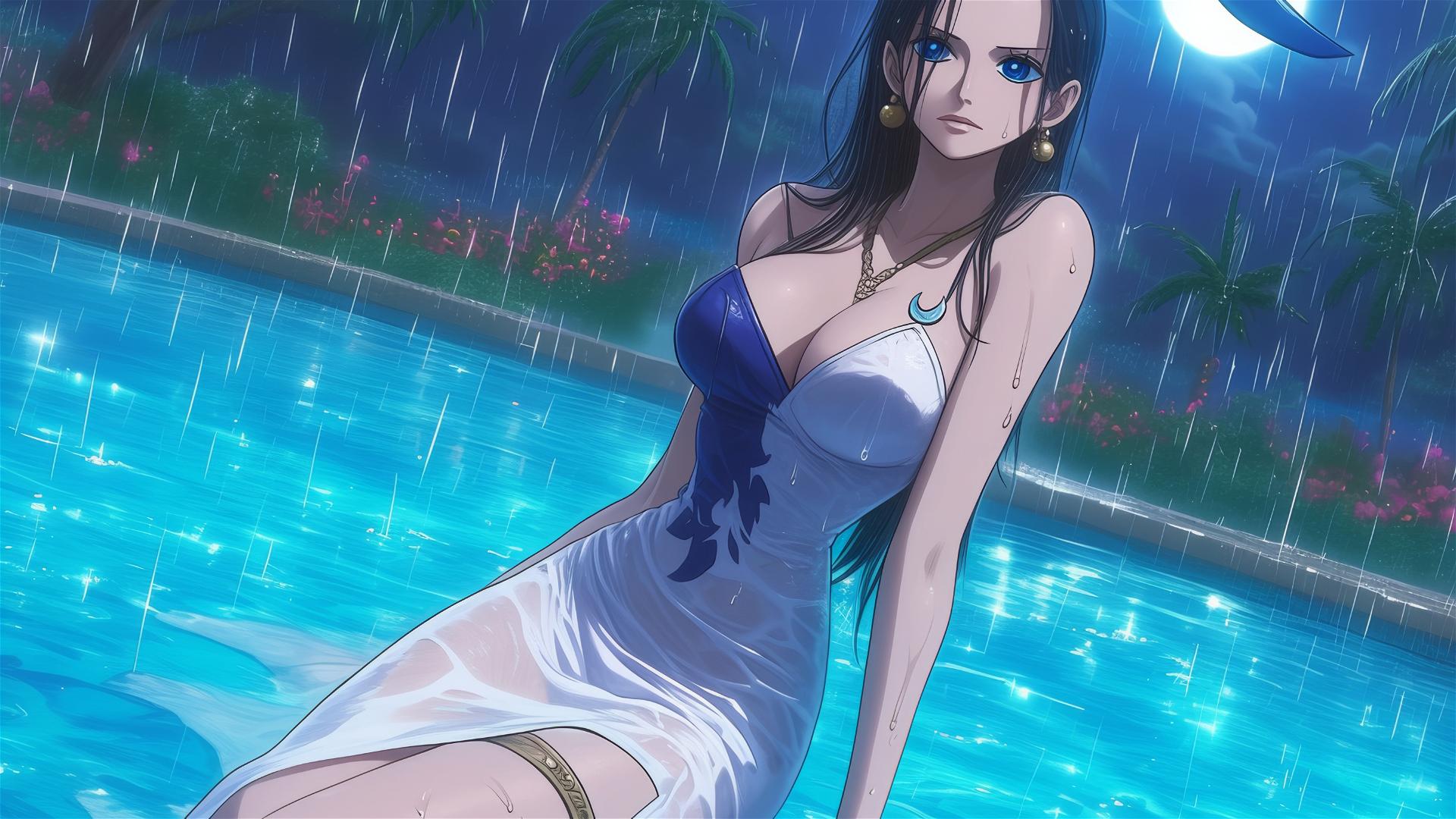Nico Robin from One Piece in bunny girl pose by pool in rain at night