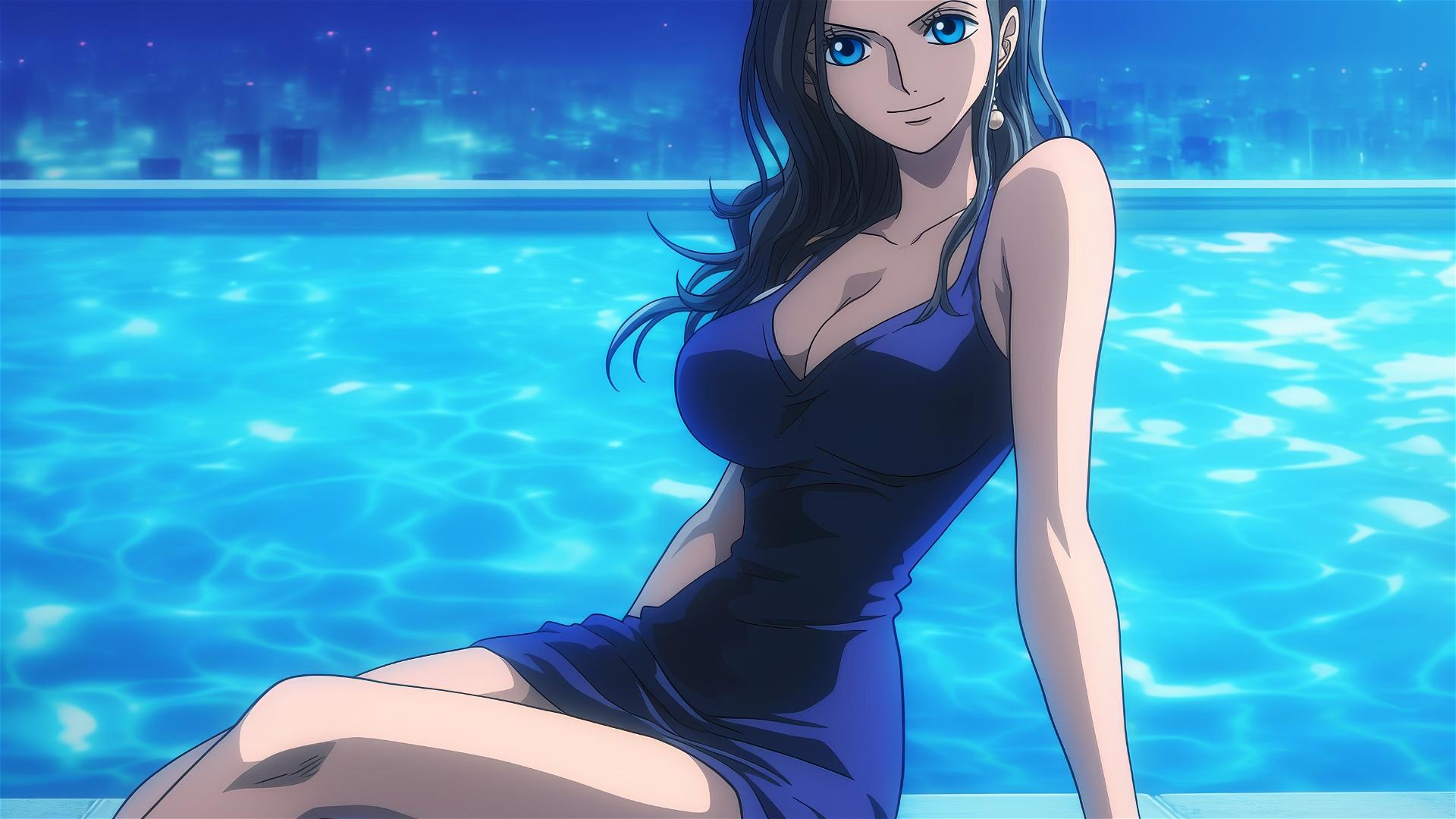 Nico Robin from One Piece resting by pool under moonlight, bunny girl style