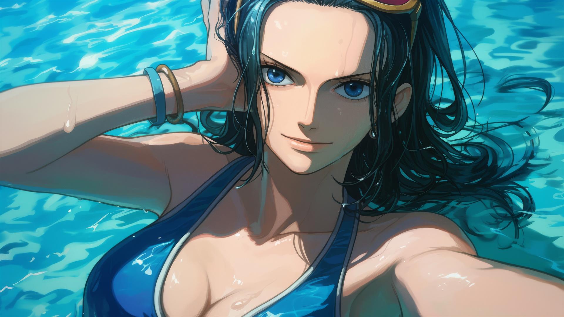 Nico Robin from One Piece by the pool under moonlight, blue eyes