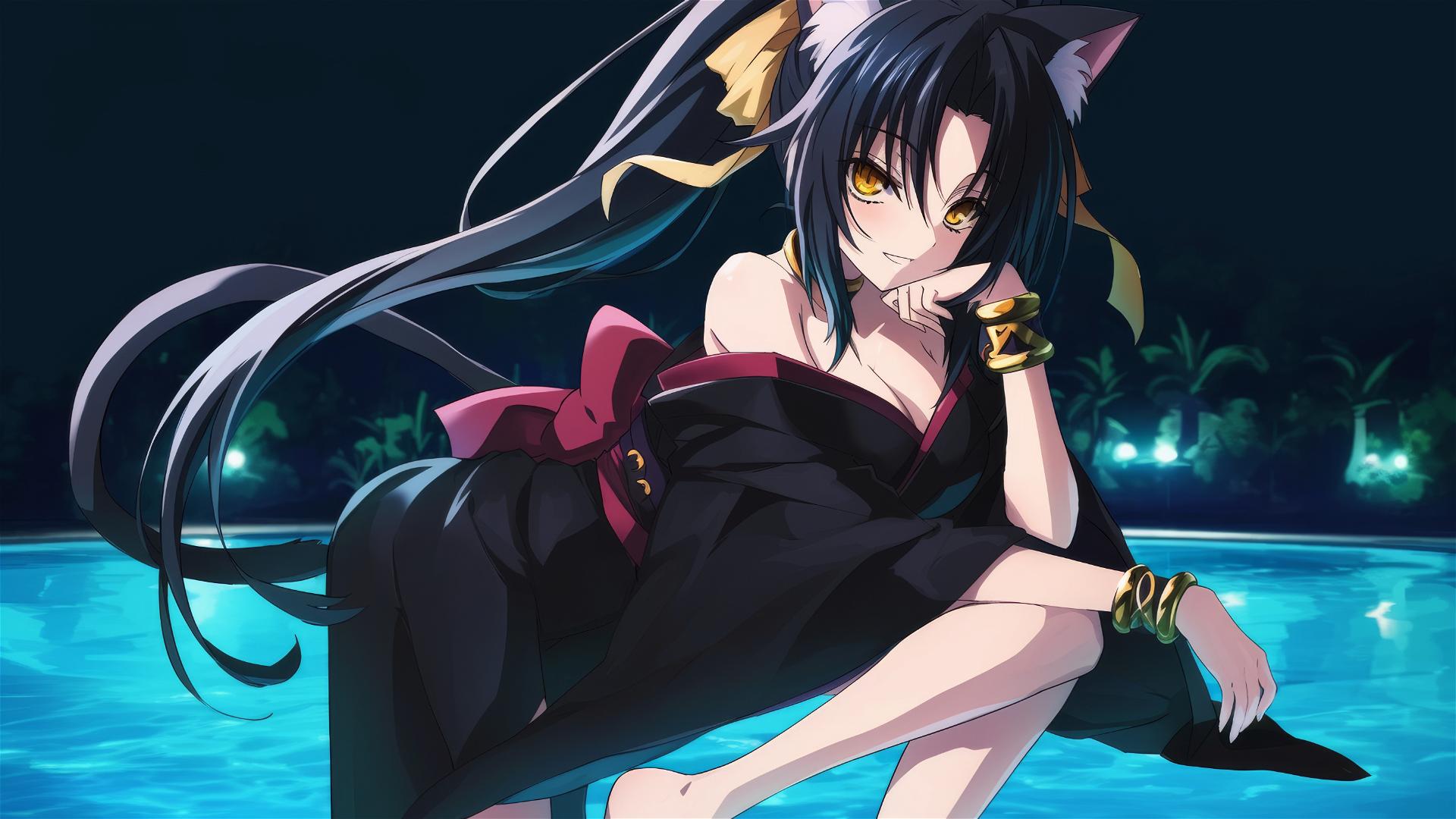 Kuroka from High School DxD swimming in moonlit pool, long black hair, hazel gold eyes