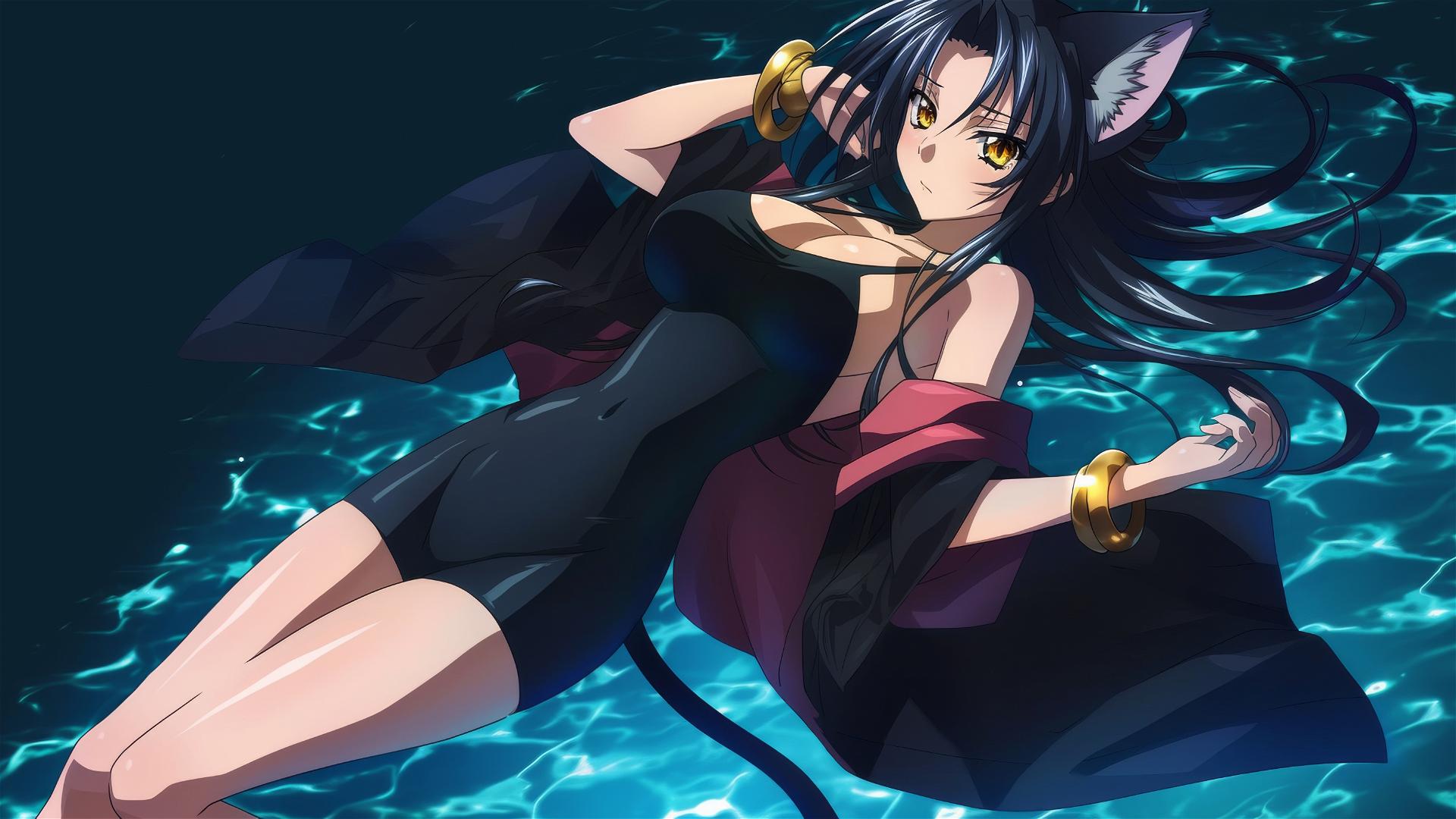 Kuroka from High School DxD swimming in moonlit pool, long black hair, hazel gold eyes with cat pupils