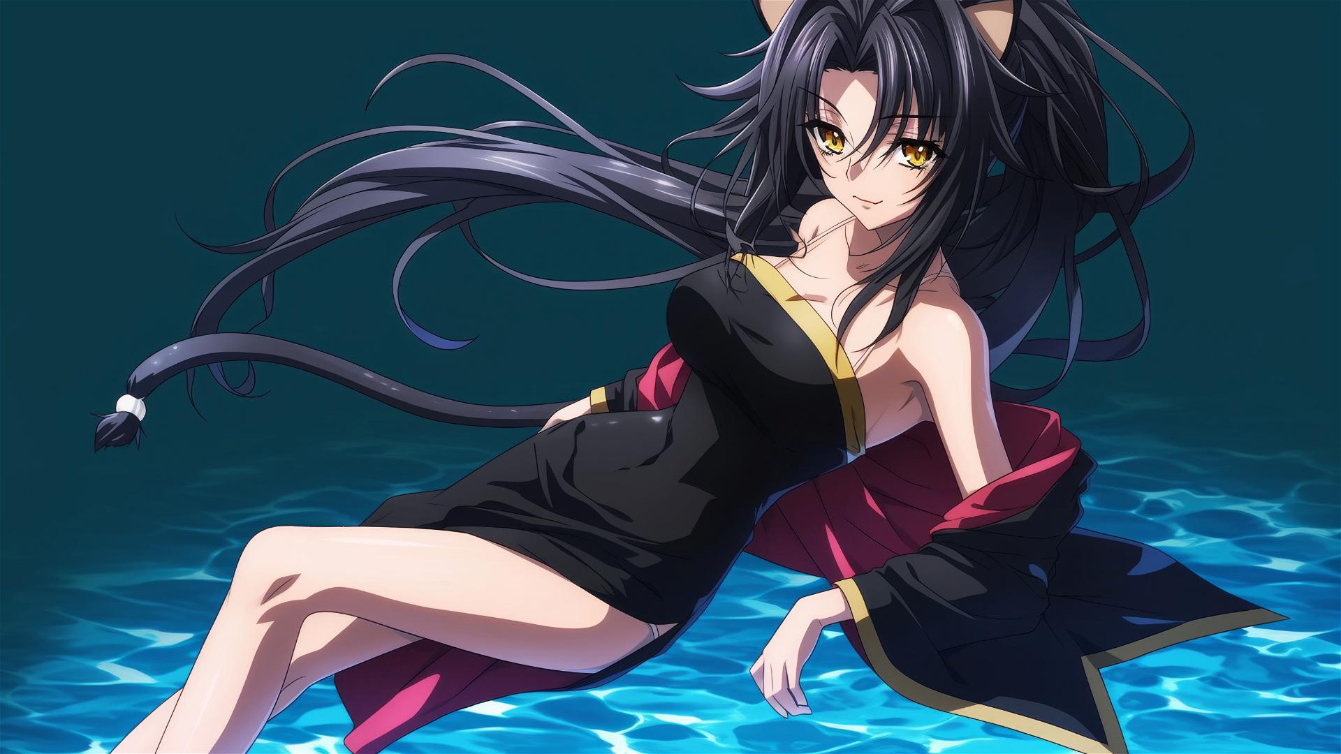 Kuroka from High School DxD swimming in moonlit pool