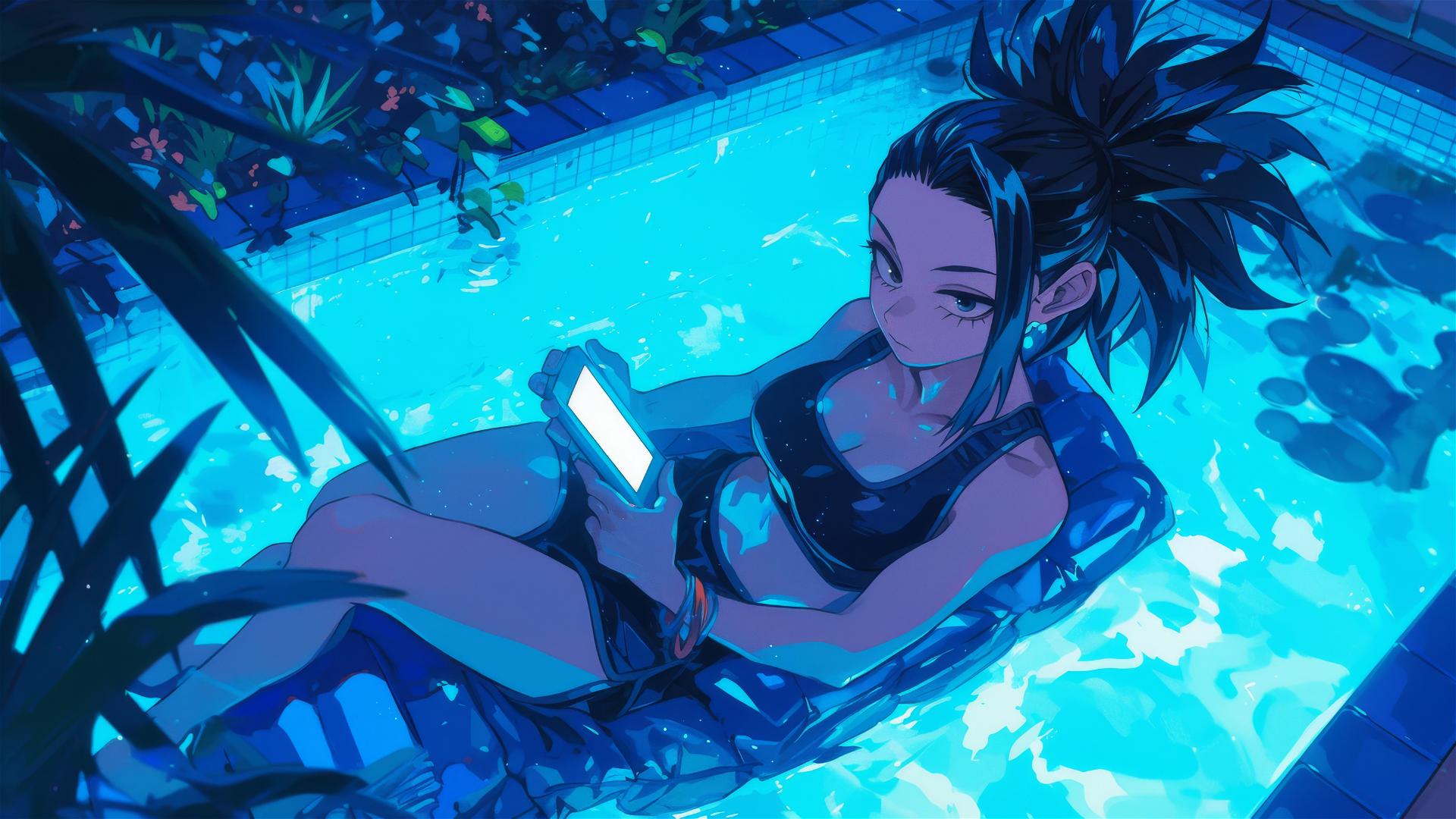 Momo Yaoyorozu from My Hero Academia resting by pool under moonlight