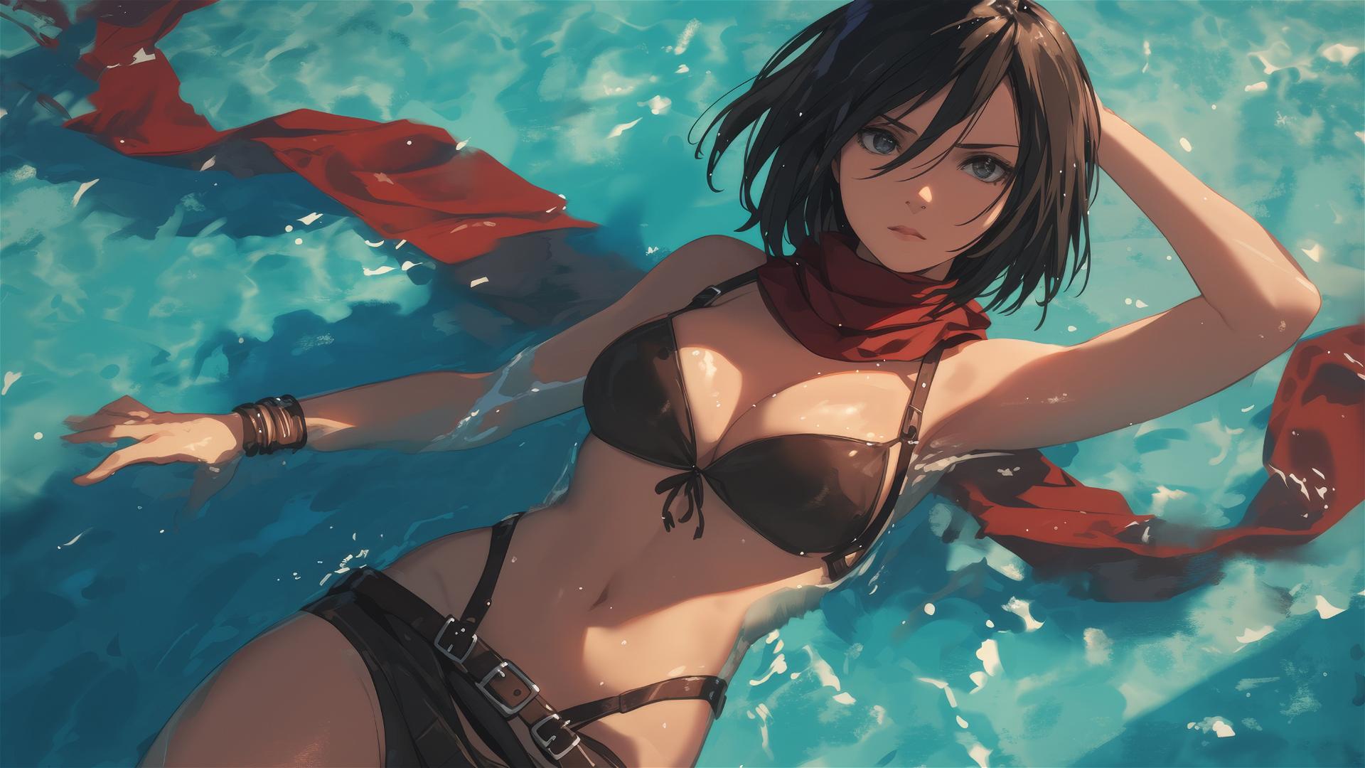 Mikasa Ackerman swimming in a moonlit pool