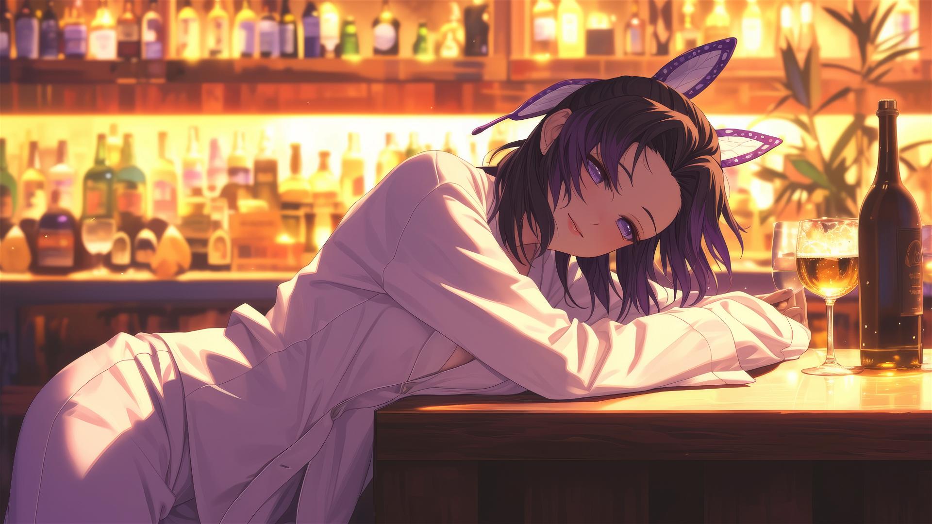 Shinobu Kocho in white silk pajamas at a dimly lit bar with morning light