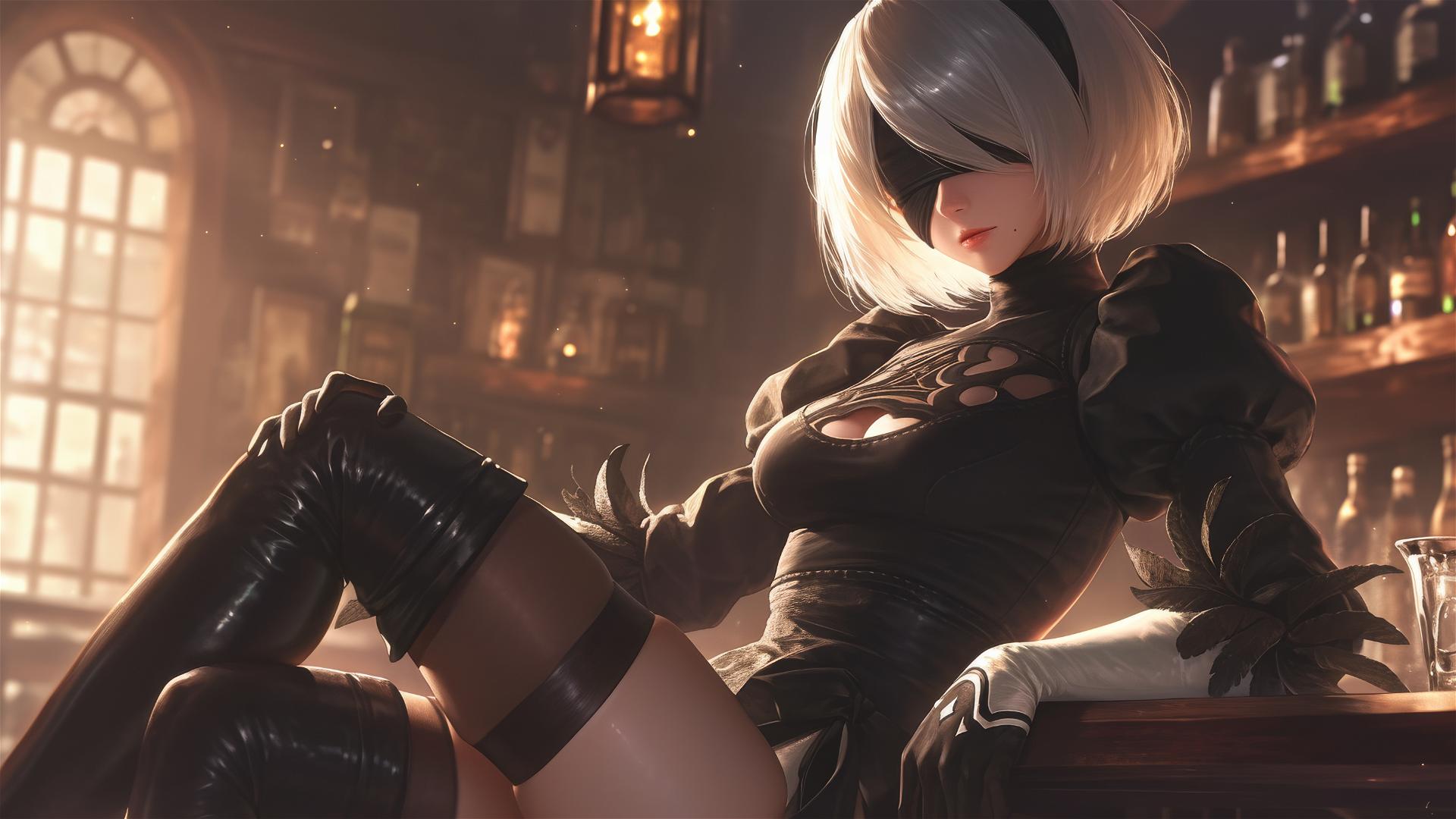 2B from Nier lounging at a bar with dim lighting and morning glow