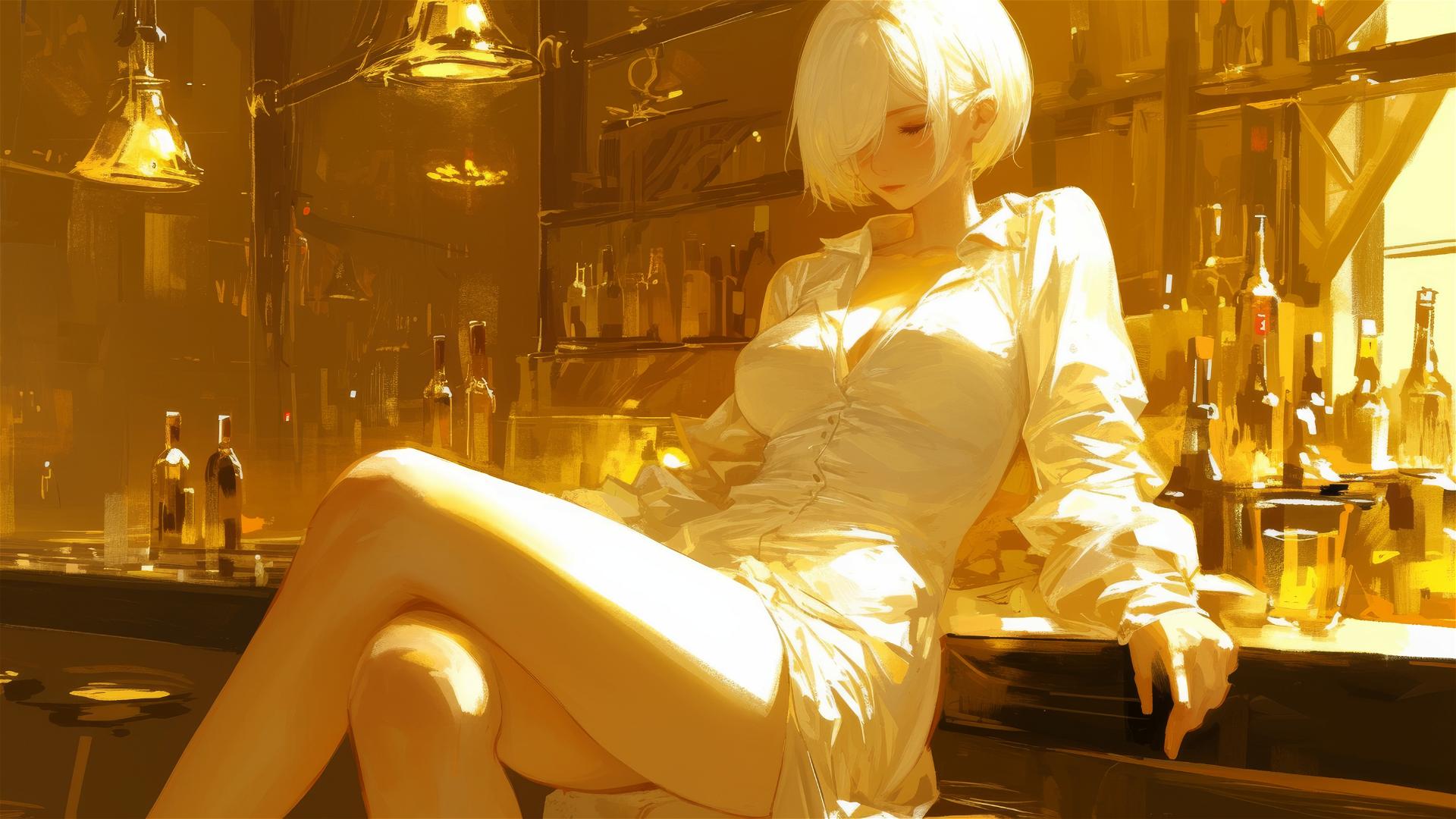 2B in white silk pajamas at dimly lit bar with morning light glow