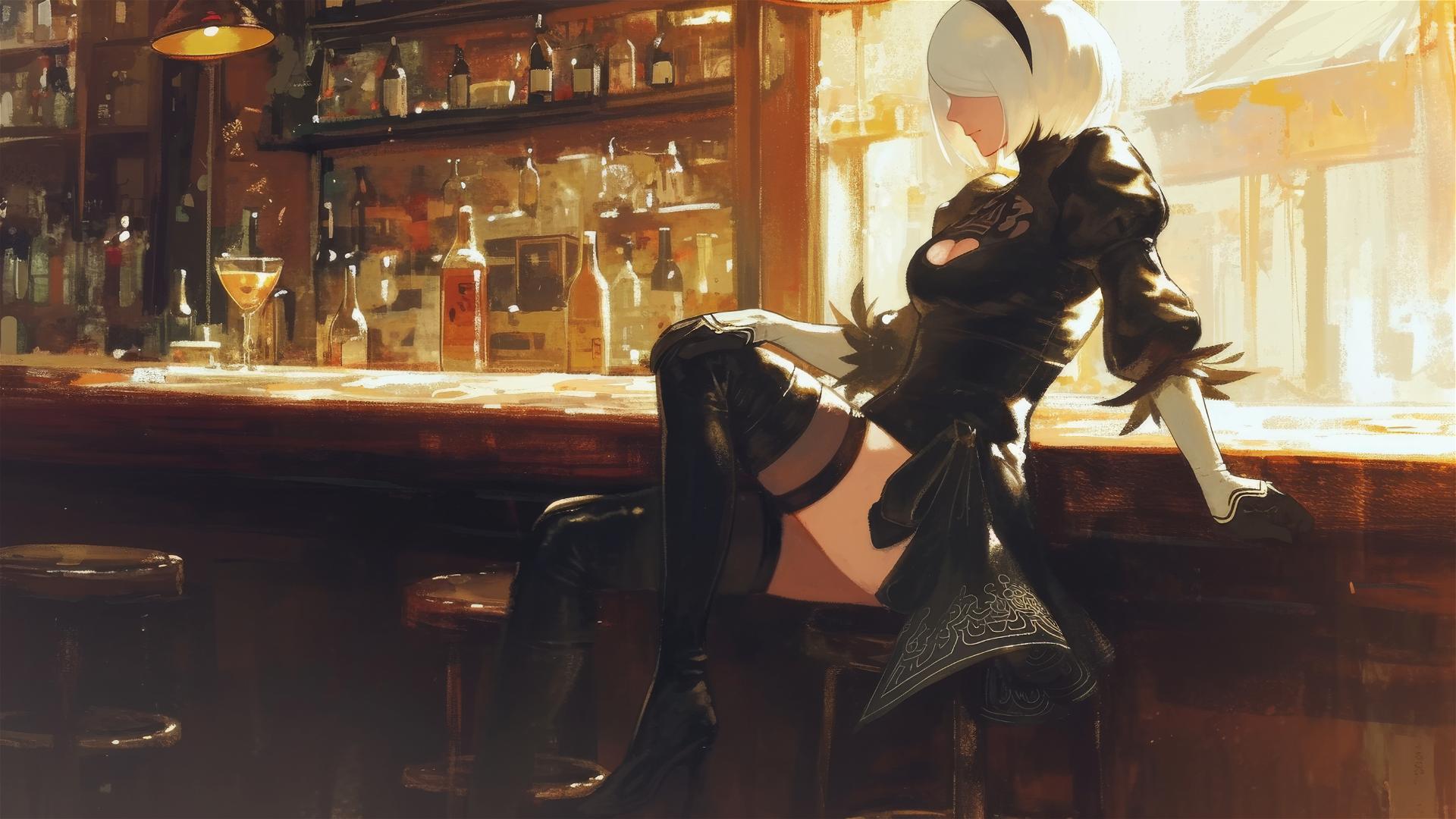 2B from Nier lounging at a bar with dim lighting and morning glow