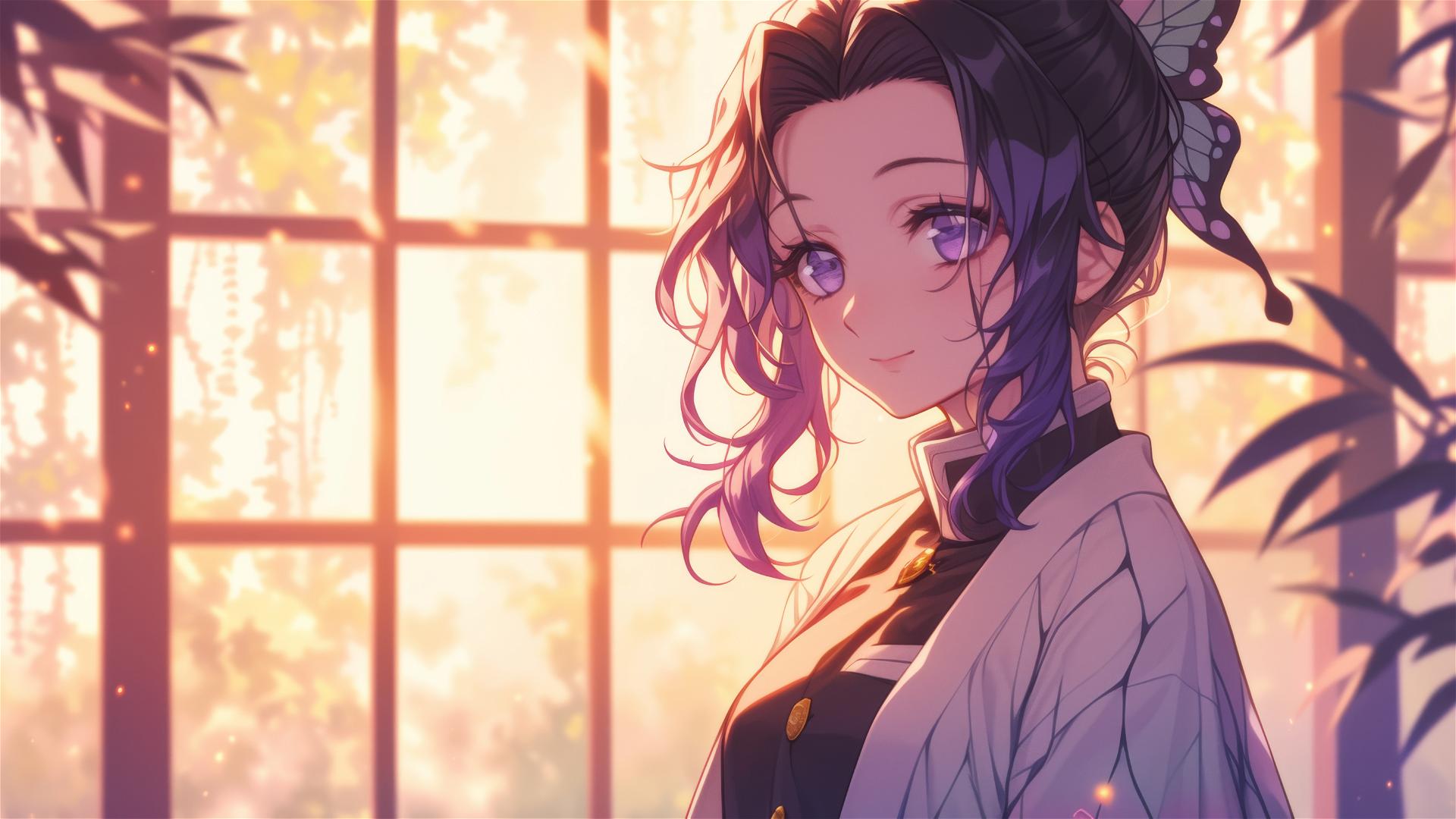 Shinobu Kocho in modern silk white shirt at sunrise in apartment