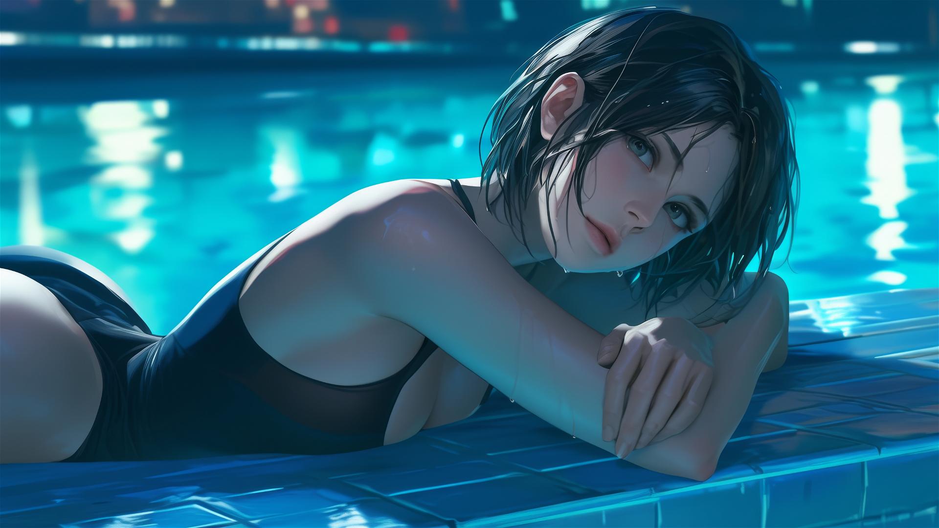 Mikasa Ackerman resting by pool under moonlight