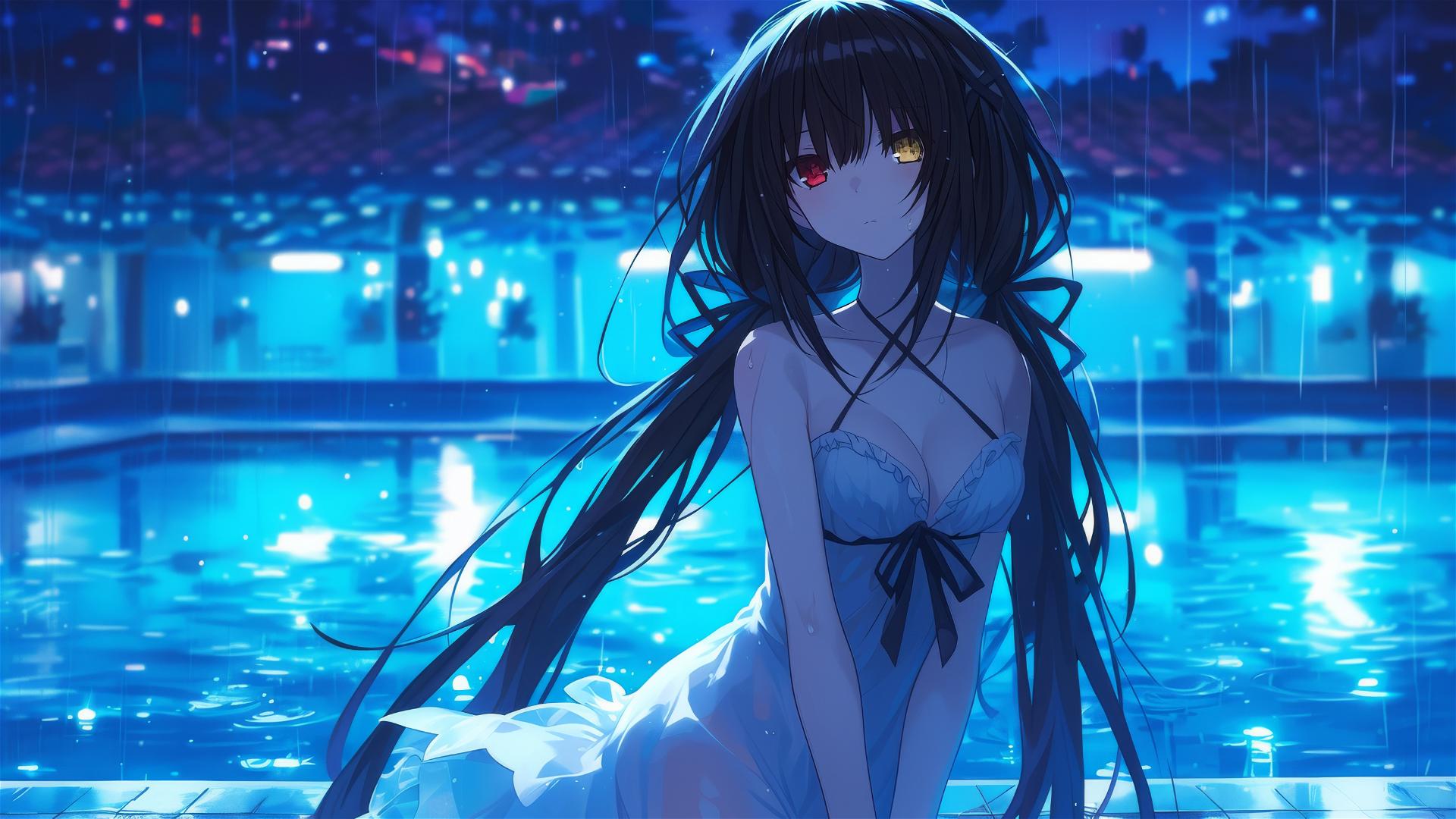 Kurumi Tokisaki from Date A Live at rainy pool with moon glow