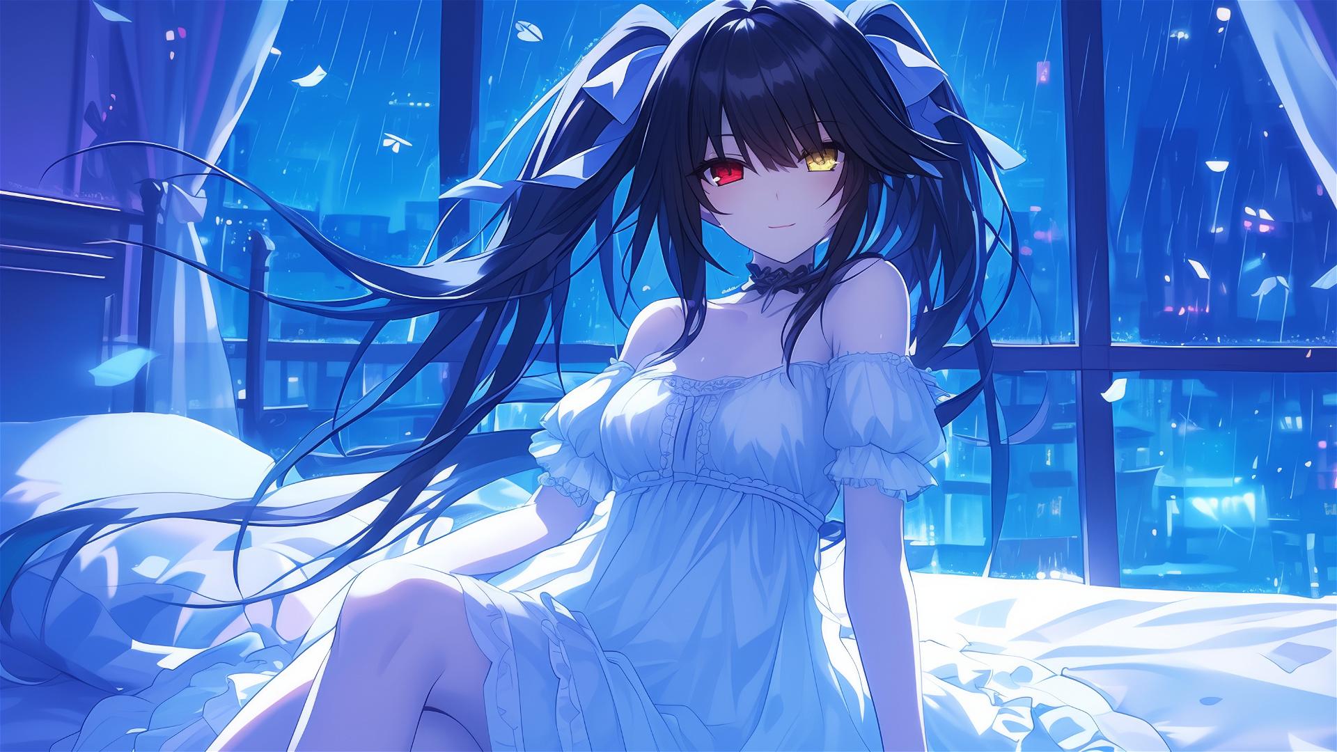 Kurumi Tokisaki resting in moonlit bedroom, dressed in white, red and yellow eyes