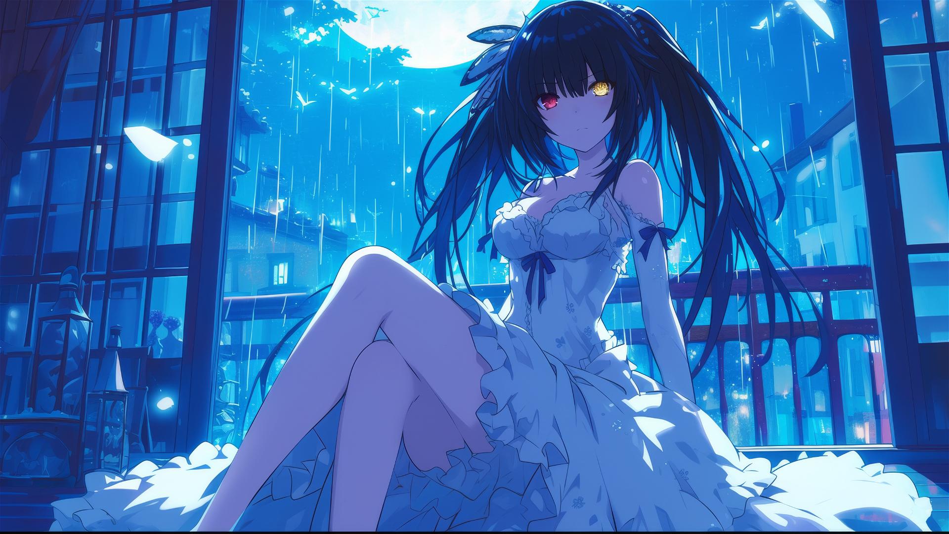 Kurumi Tokisaki in moonlit apartment, dressed in white, with heterochromia