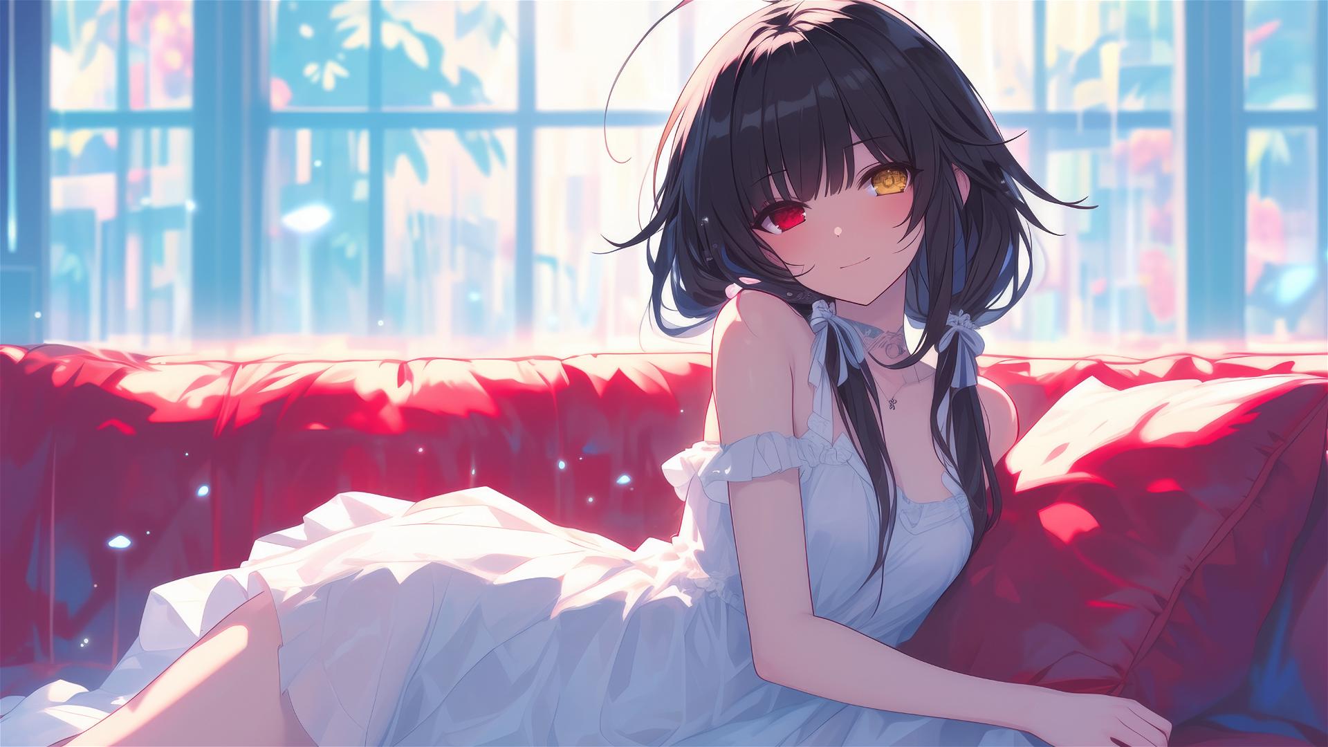 Kurumi Tokisaki resting in moonlit apartment, dressed in white, with one red and one yellow eye