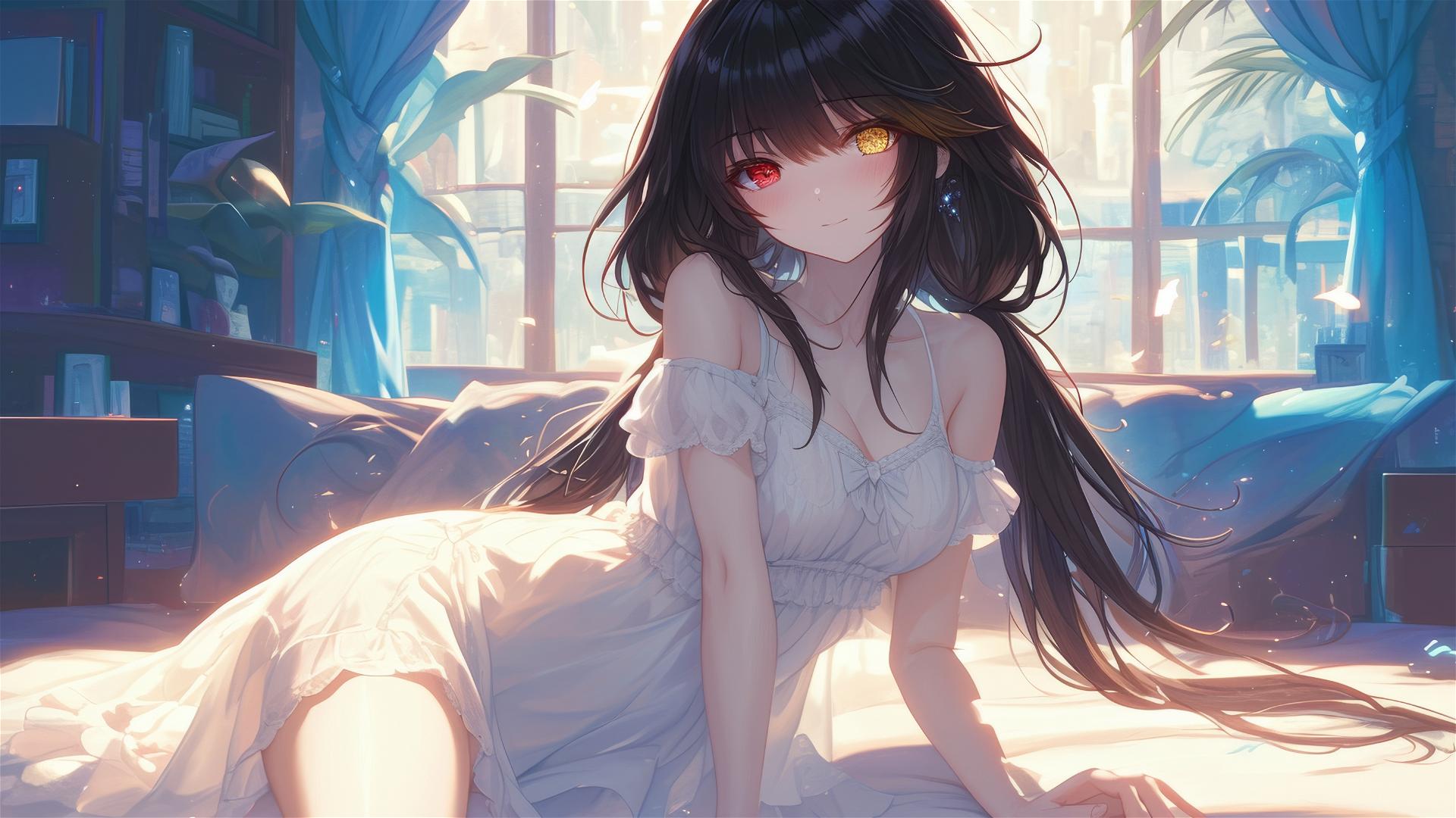Kurumi Tokisaki resting in her apartment with moonlight on her, dressed in white, with one red and one yellow eye.