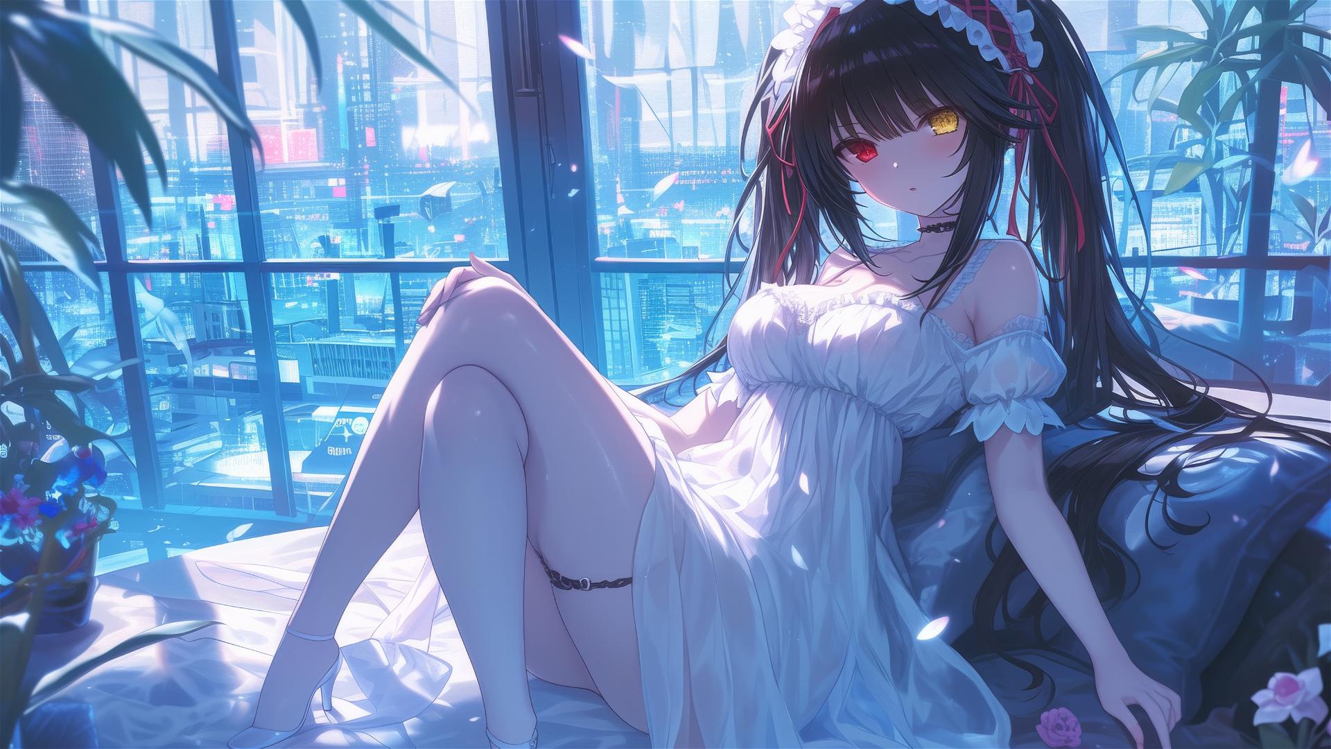 Kurumi Tokisaki resting with moonlight on her, in white dress, red and yellow eyes