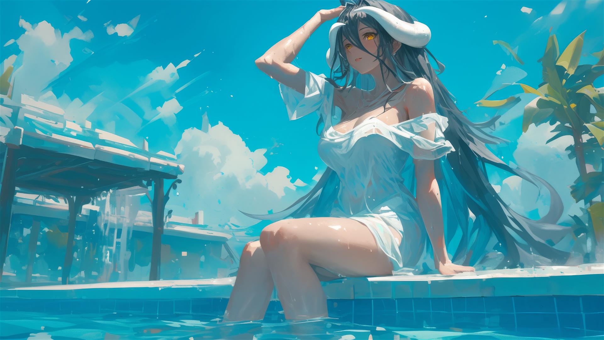 Albedo from Overlord in pool on rainy day with moonlight and white bunny dress