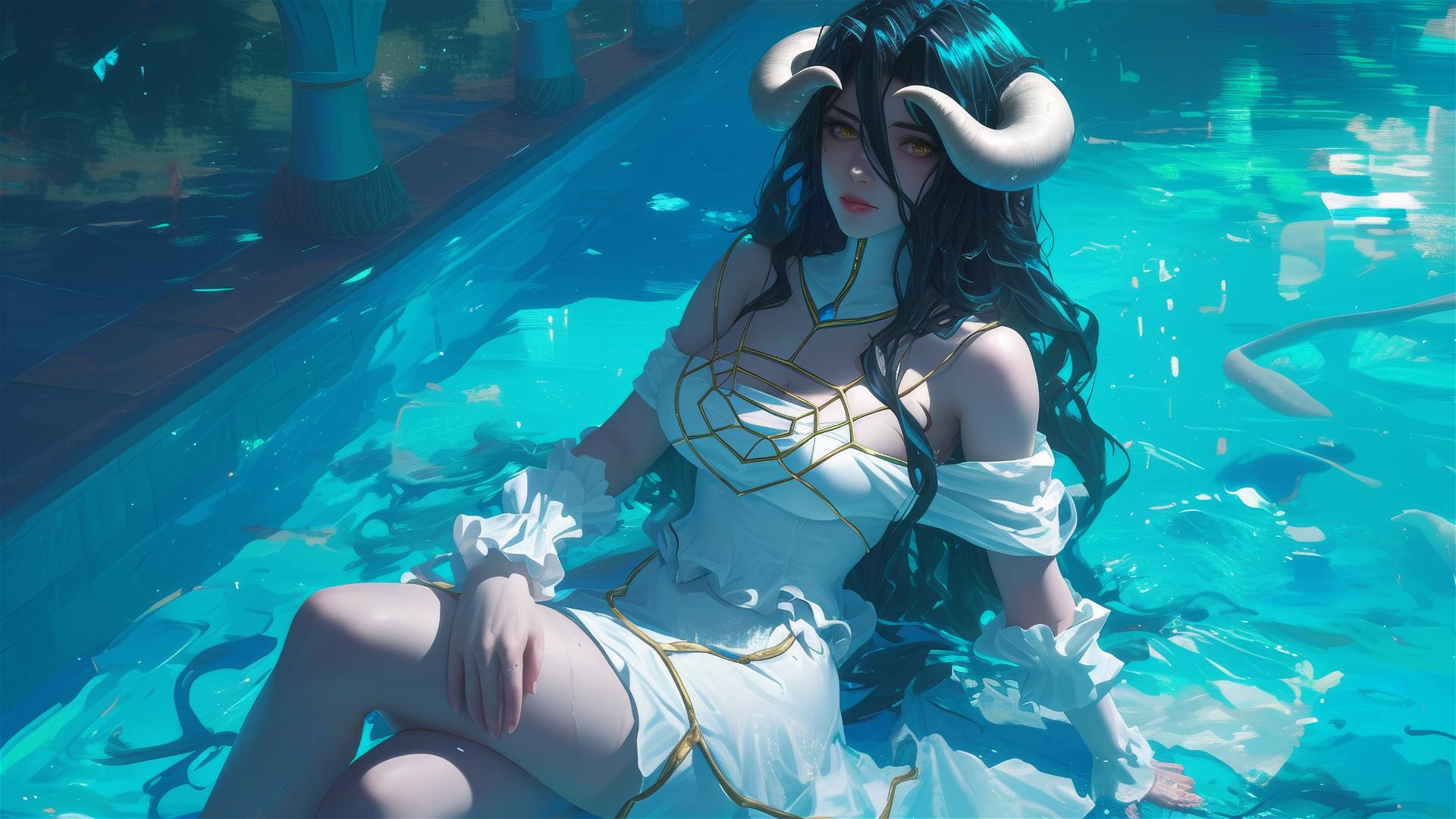 Albedo from Overlord as a bunny girl beside a pool on a rainy night with moonlight glow