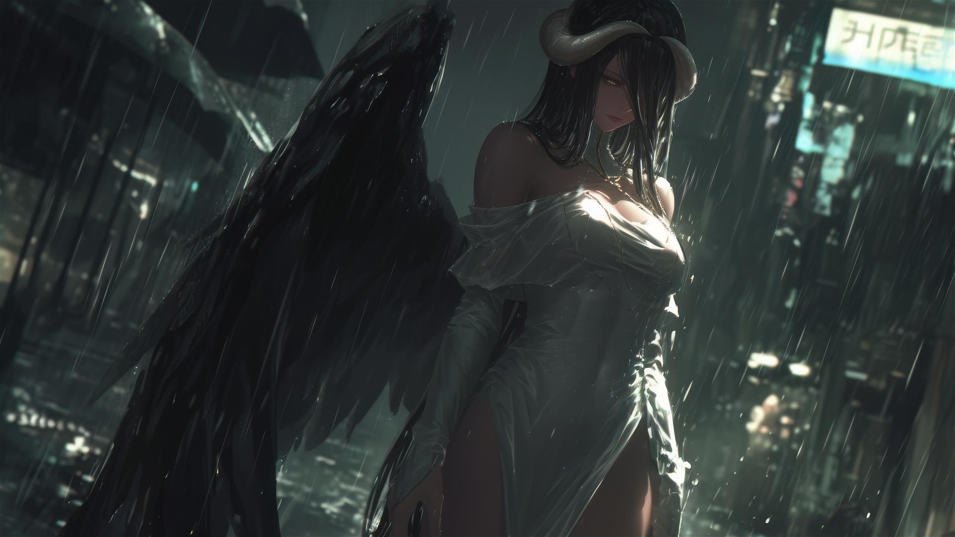 Albedo from Overlord in the rain with moonlight glow