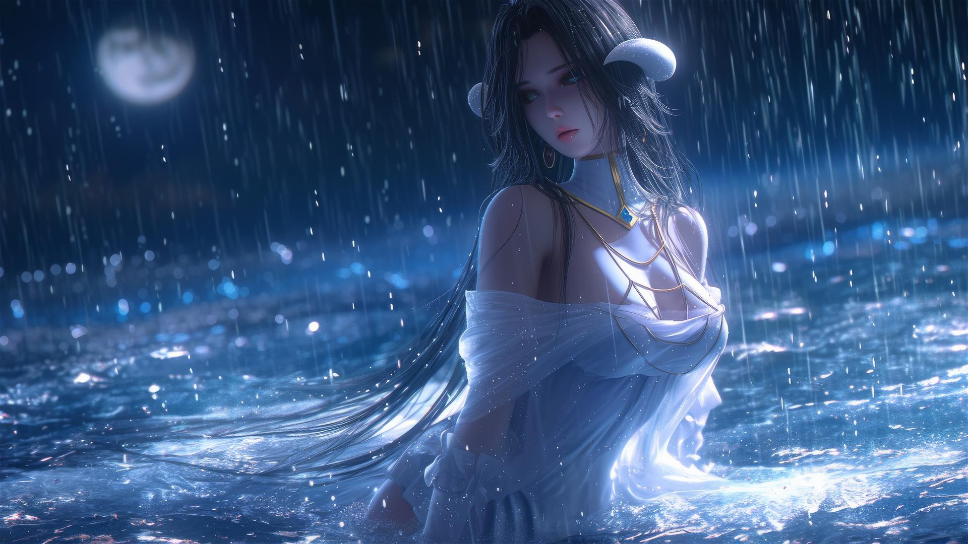 Albedo from Overlord in bunny pose, rain with moonlit glow, realistic 8K