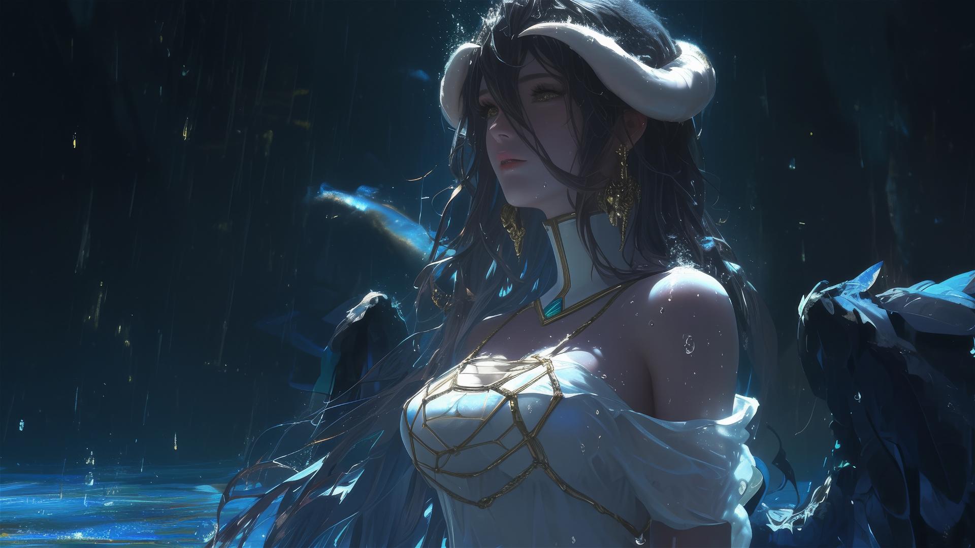 Albedo from Overlord posing in the rain with moonlight glow
