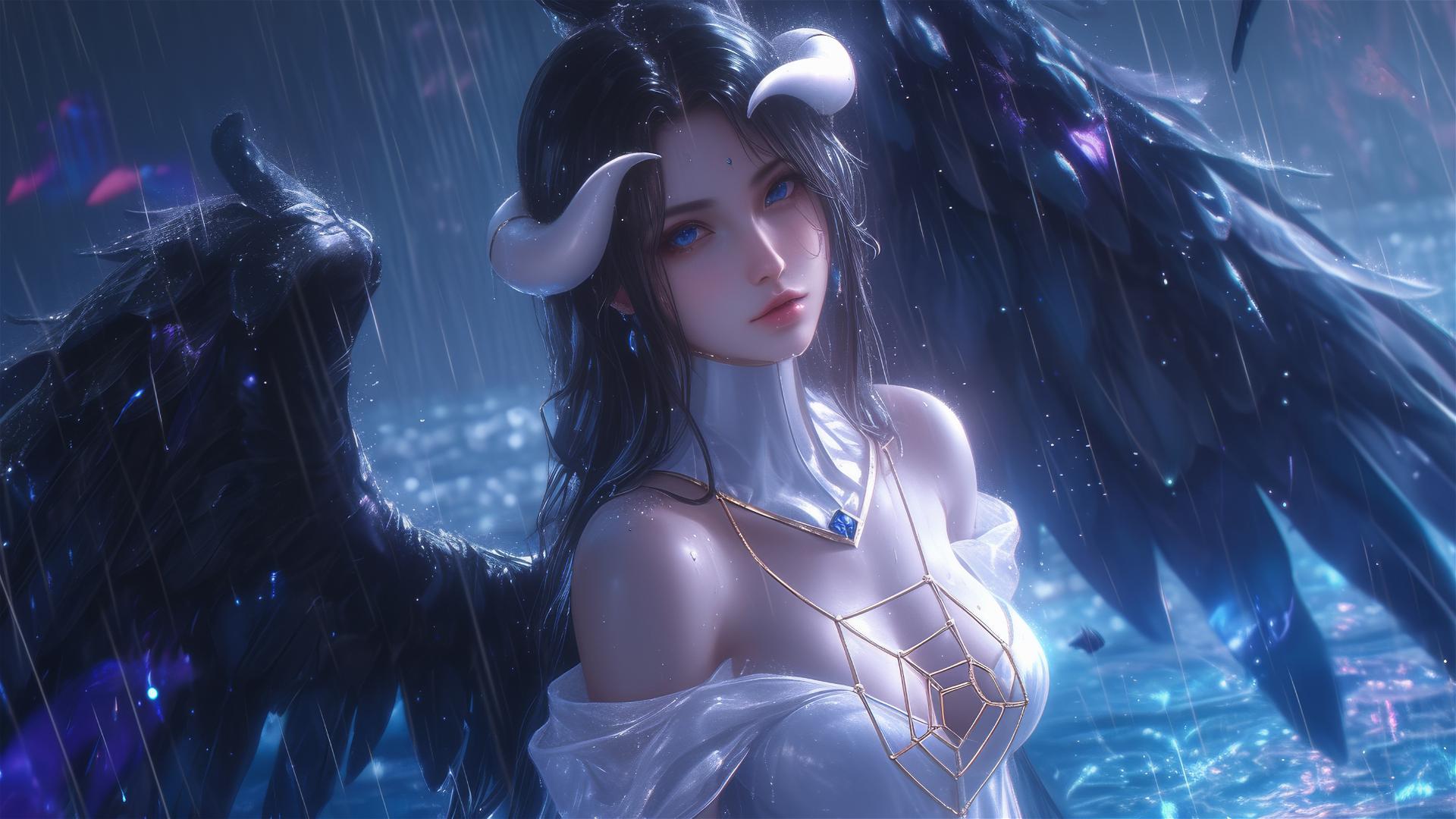Albedo in white under moonlit rain, bunny pose, reflecting in water