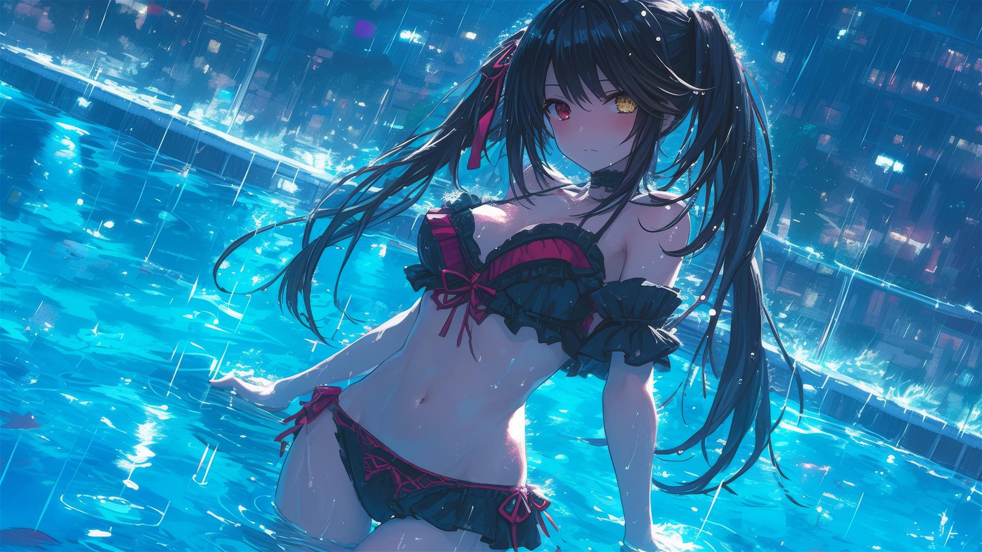 Kurumi Tokisaki from Date A Live by moonlight in a rainy pool