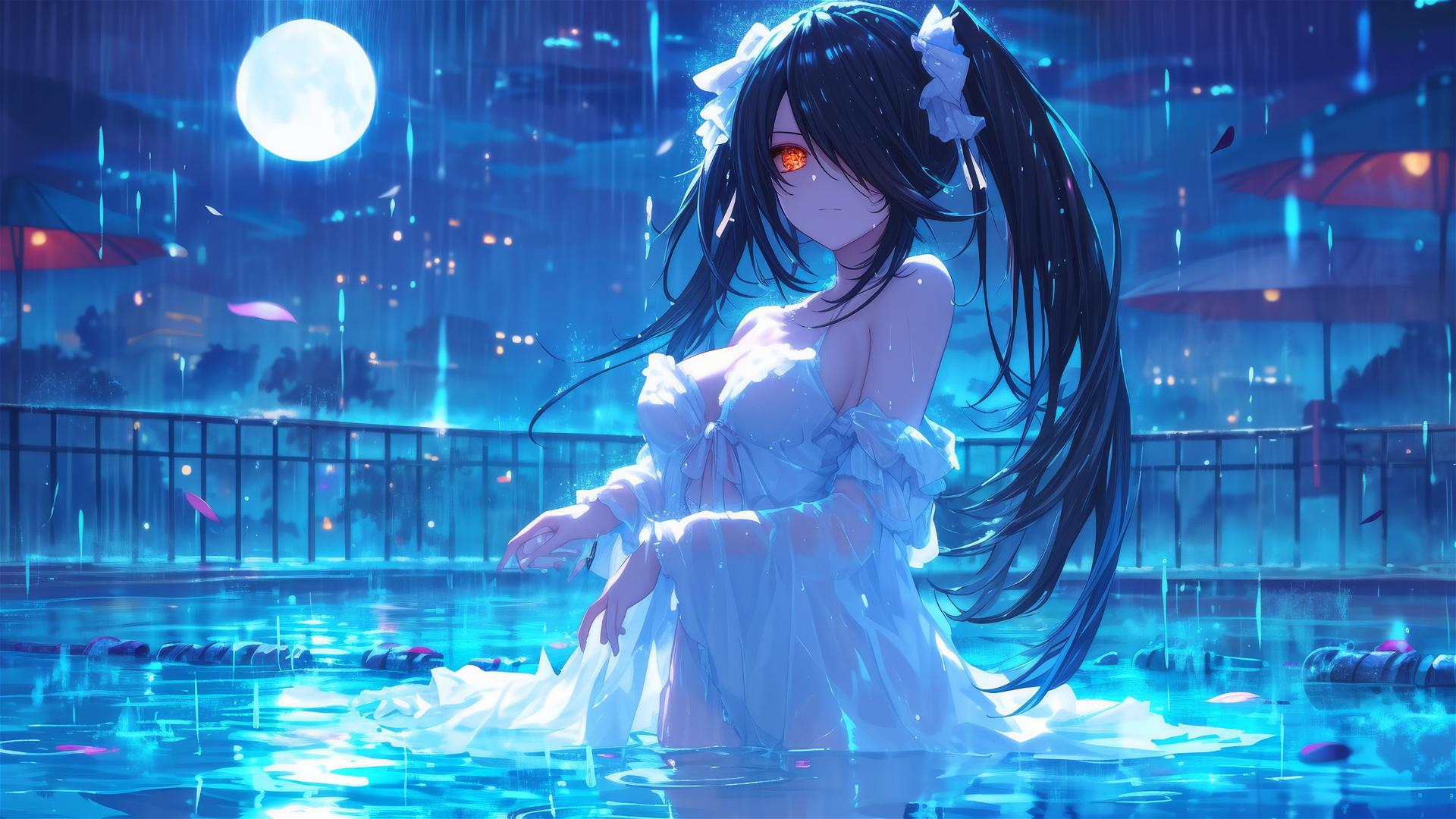 Kurumi Tokisaki from Date A Live in rain with moonlit white dress