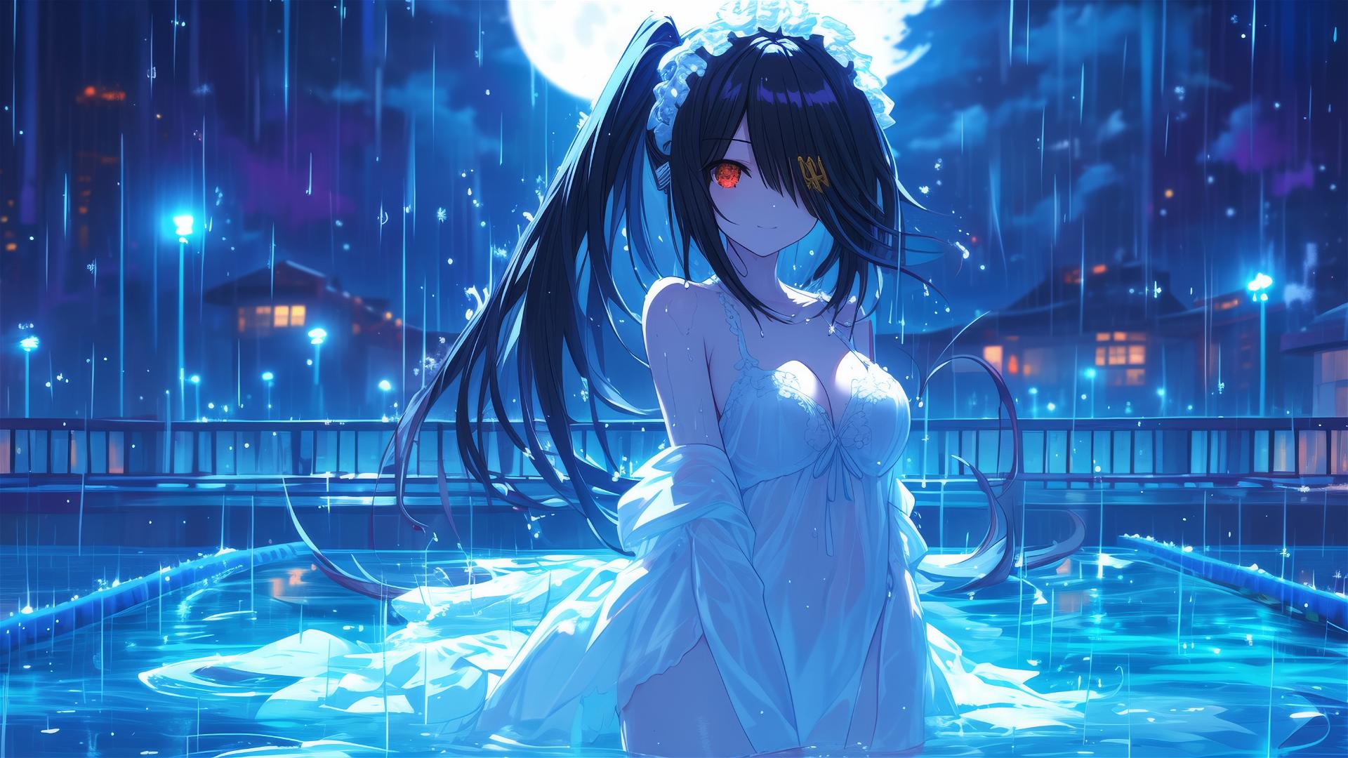 Kurumi Tokisaki in white dress at moonlit rainy pool