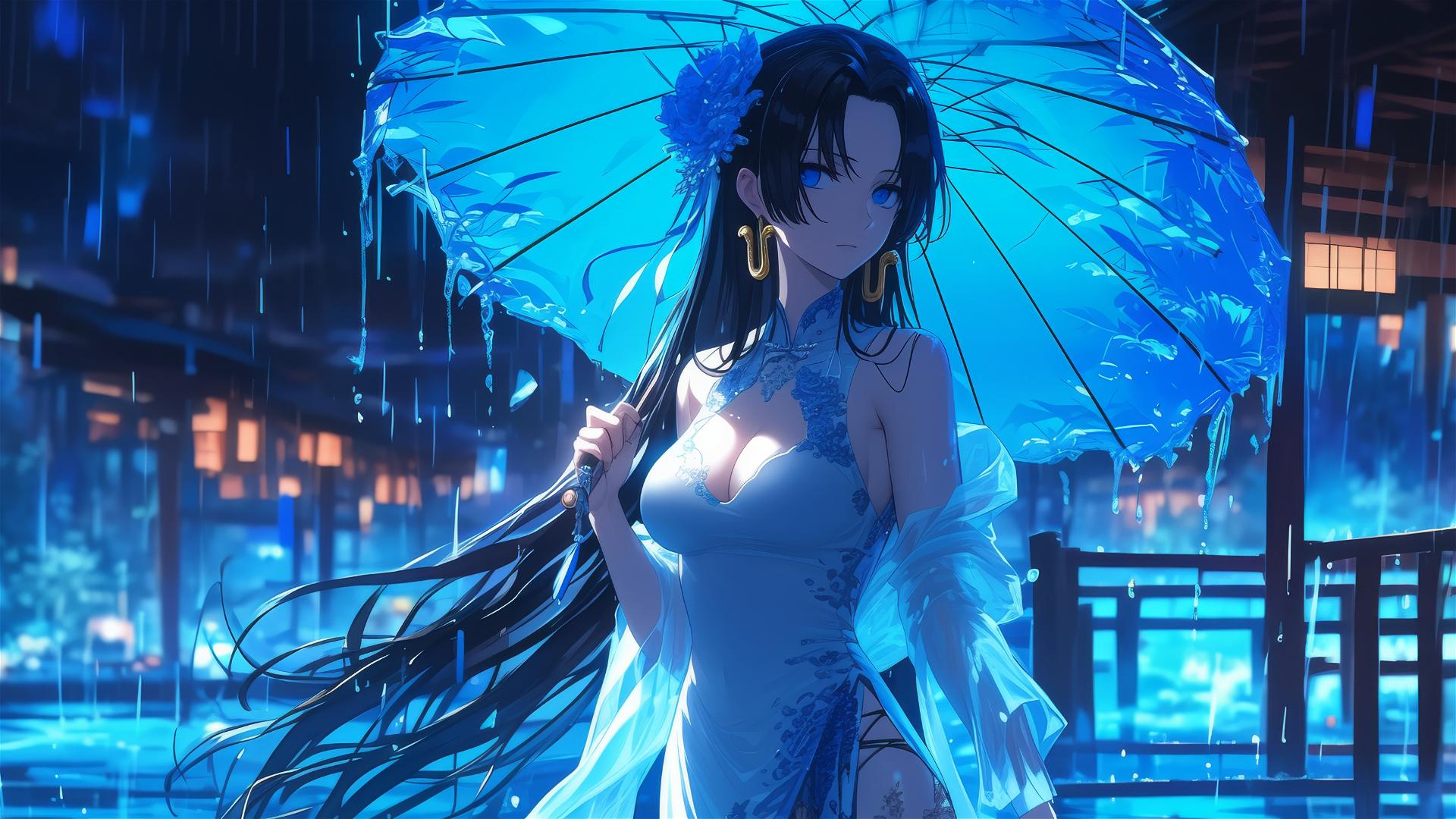 Boa Hancock in a rainy pool with moonlight glow
