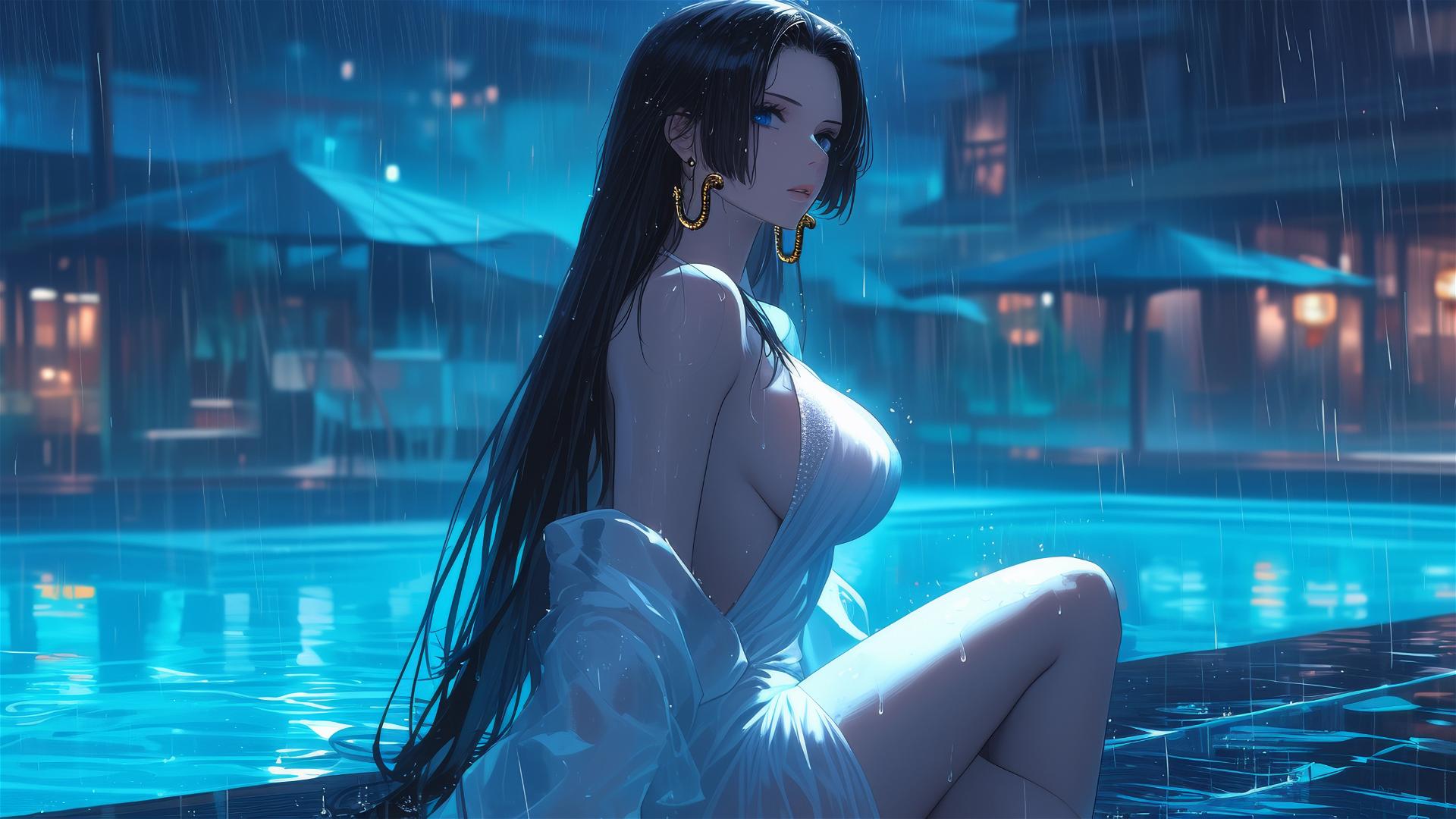 Boa Hancock resting by a pool with moonlight glow