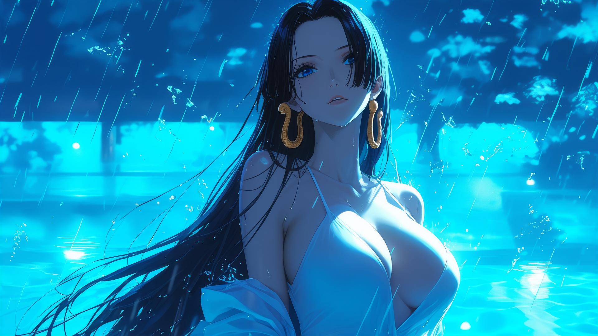 Boa Hancock from One Piece standing in a pool under moonlight in the rain