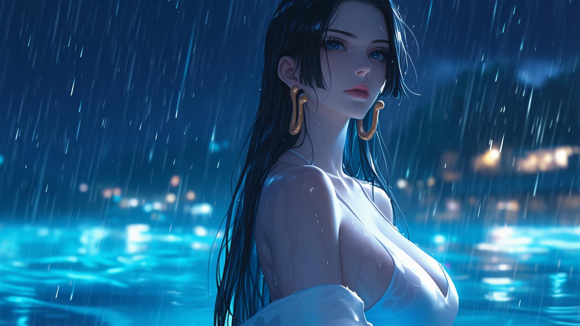 Boa Hancock from One Piece standing in a pool with rain and moonlight