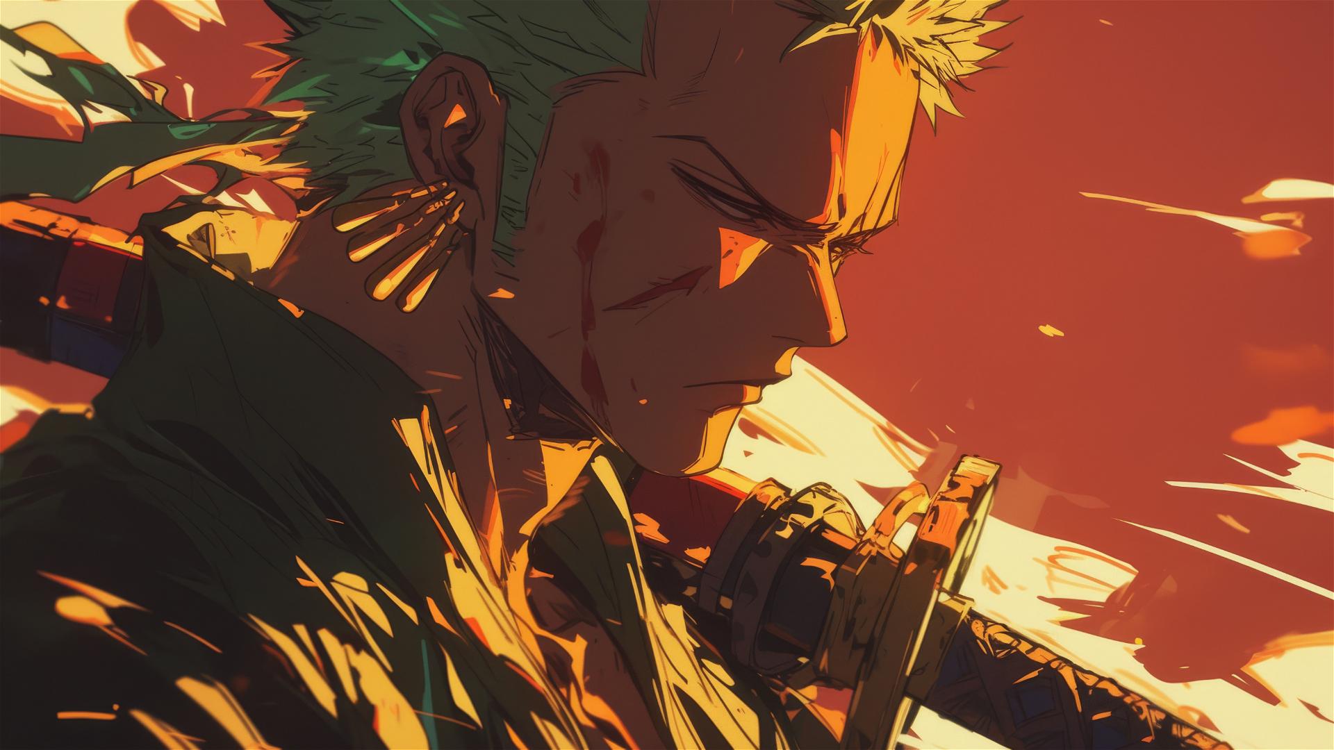 Roronoa Zoro profile outlined by flare in dark cave