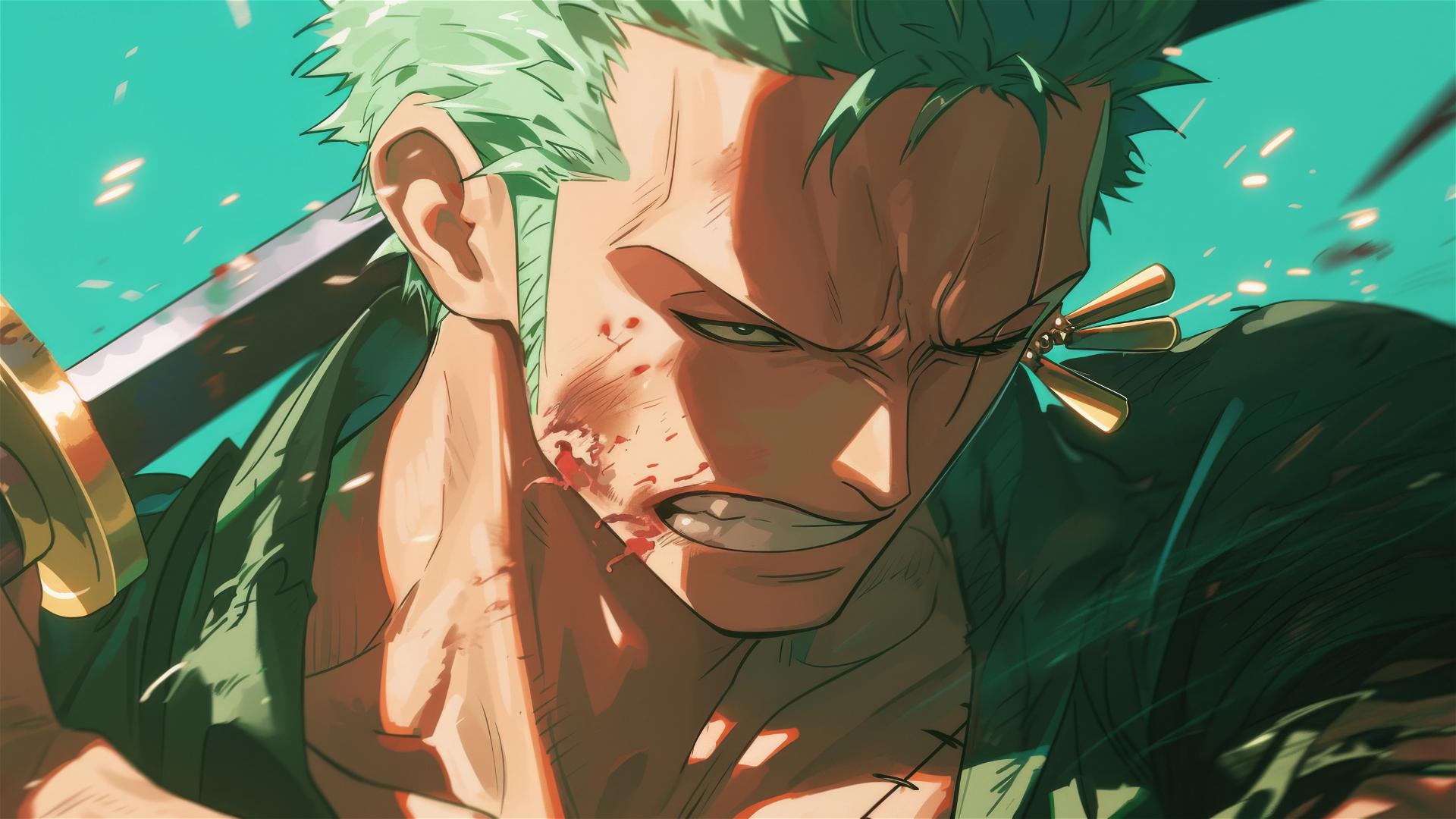 Close-up of Roronoa Zoro from One Piece with clenched jaw and furrowed brow under a stormy sky