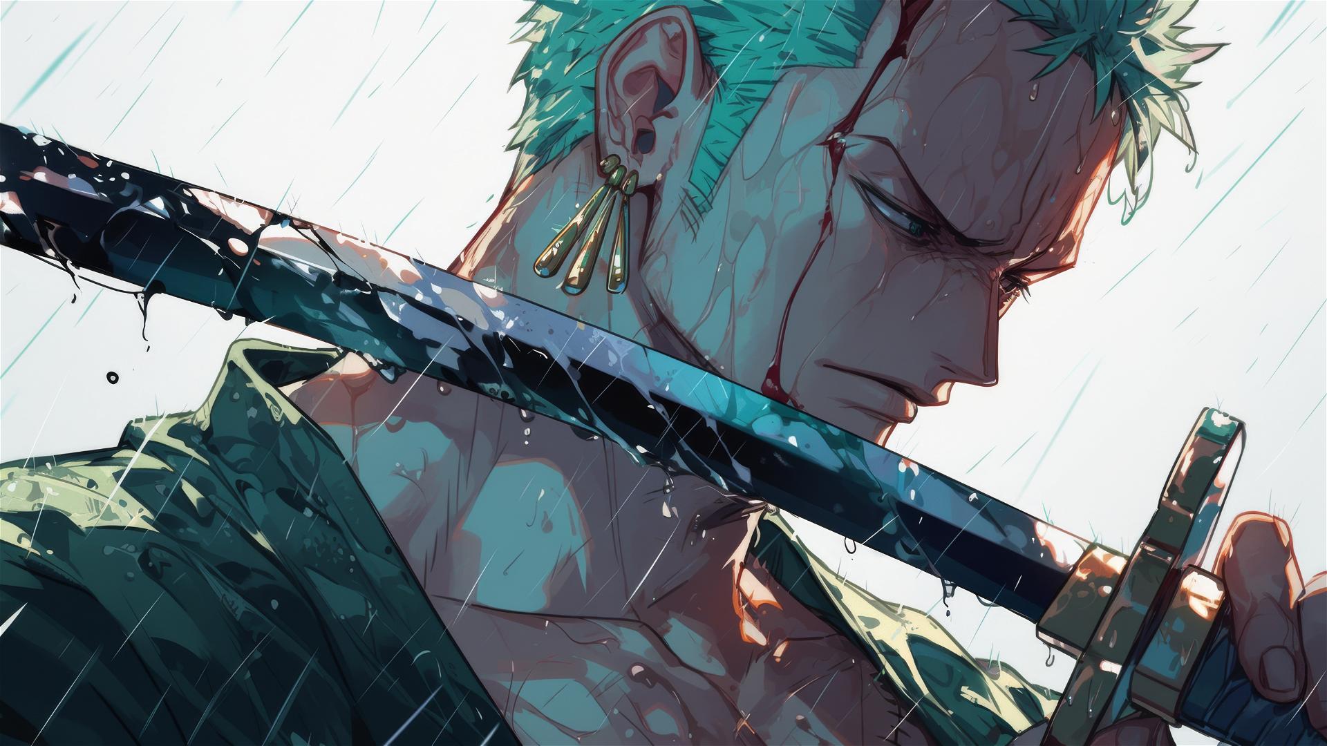 Zoro from One Piece in rain over defeated foe