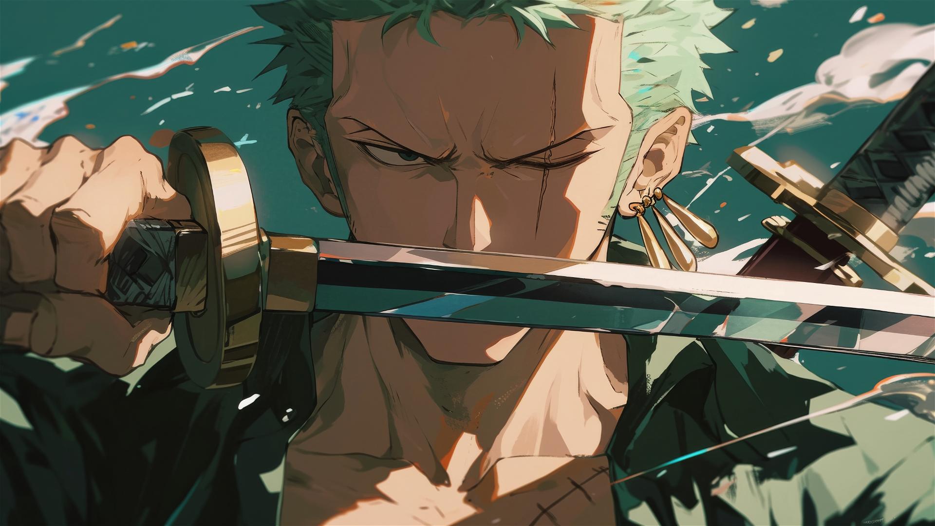 Roronoa Zoro from One Piece gripping his three swords