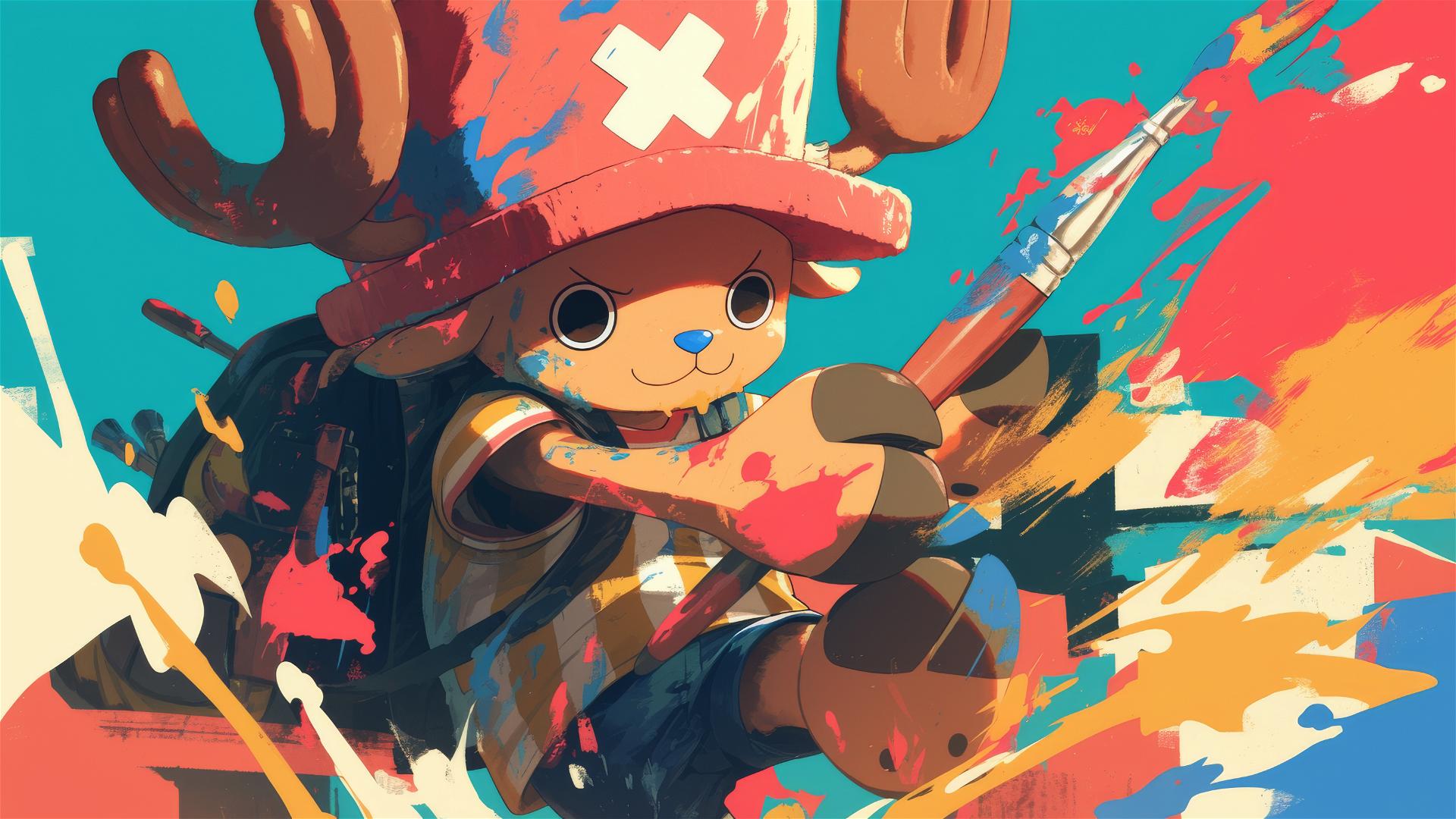 Tony Chopper from One Piece with paint splatters holding paintbrush before a mural