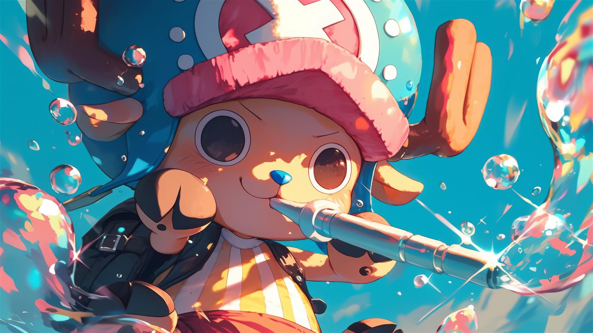 Tony Tony Chopper from One Piece blowing iridescent bubbles