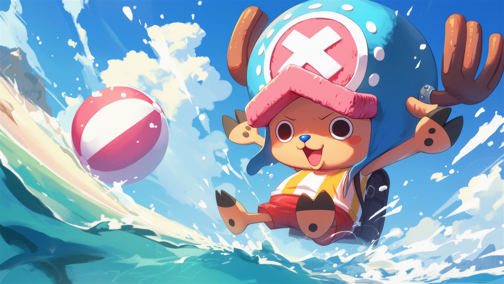 Tony Tony Chopper on beach ball with ocean backdrop