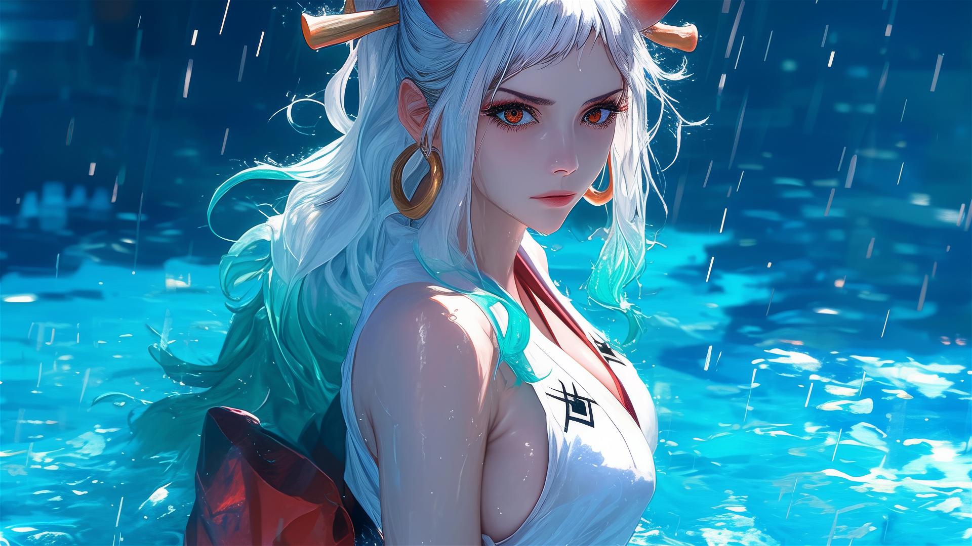 Yamato from One Piece standing in pool under moonlight