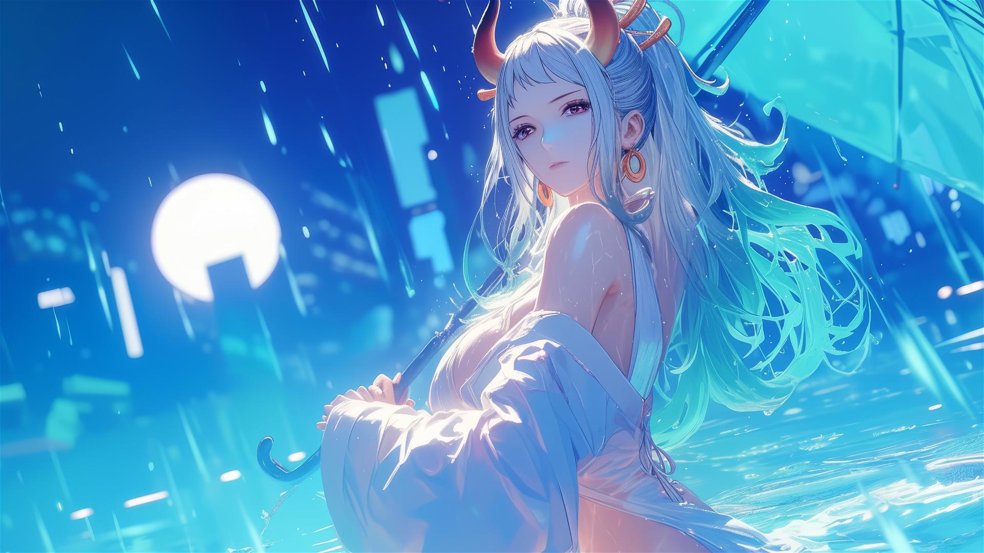 Yamato from One Piece standing in rain by pool under moonlight