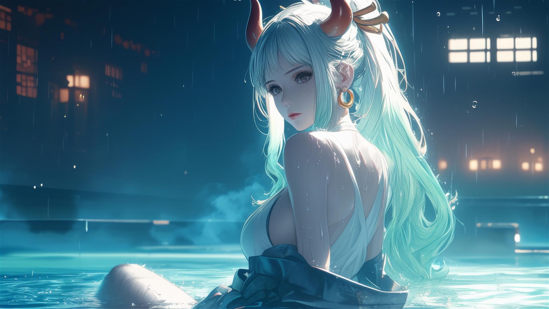 Yamato from One Piece standing in a rainy pool under moonlight