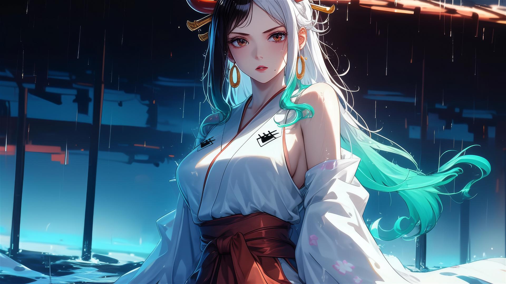 Yamato from One Piece in white dress by moonlit pool in rain