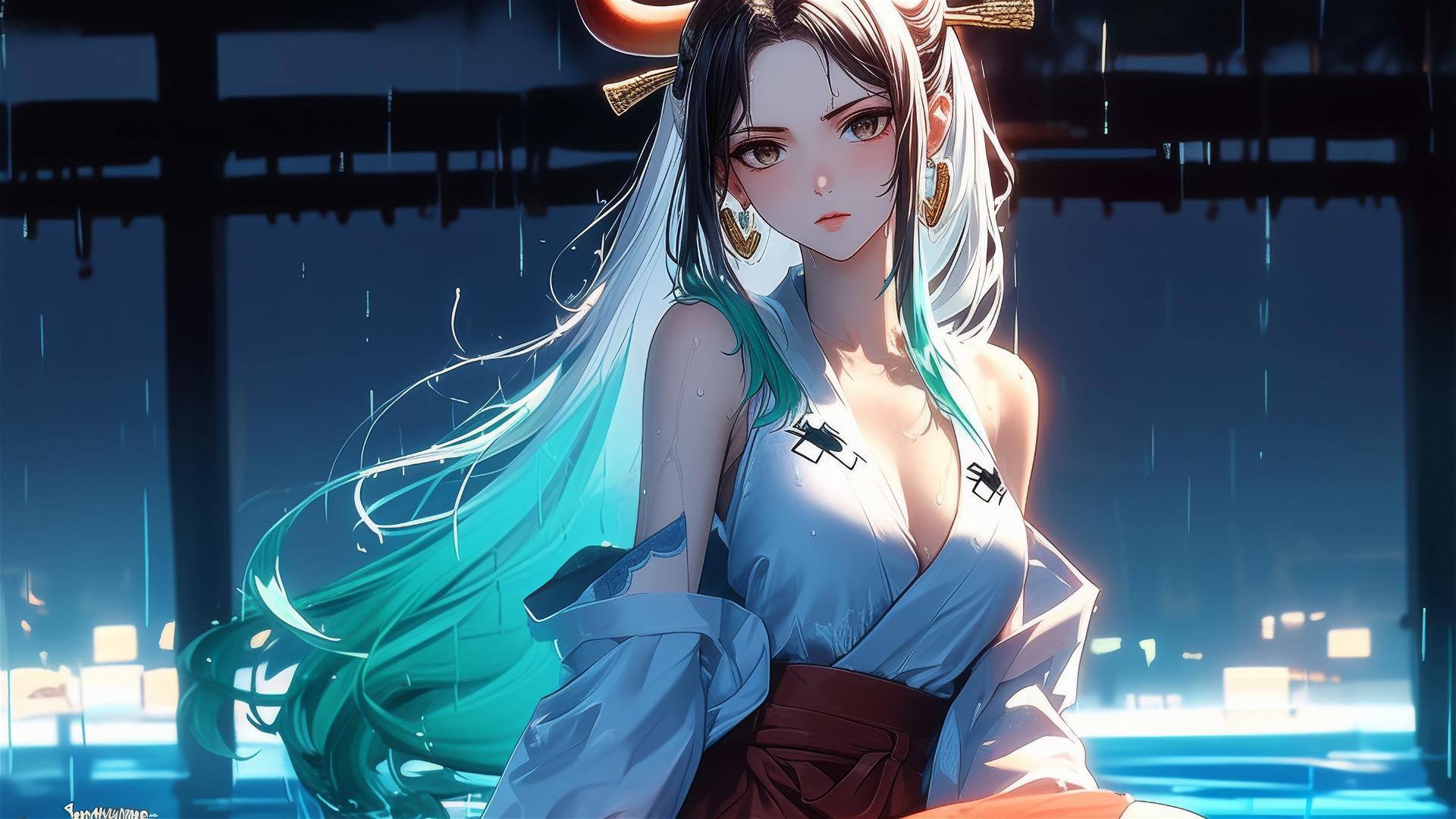 Yamato from One Piece standing in a pool under the moonlight, rainy ambiance