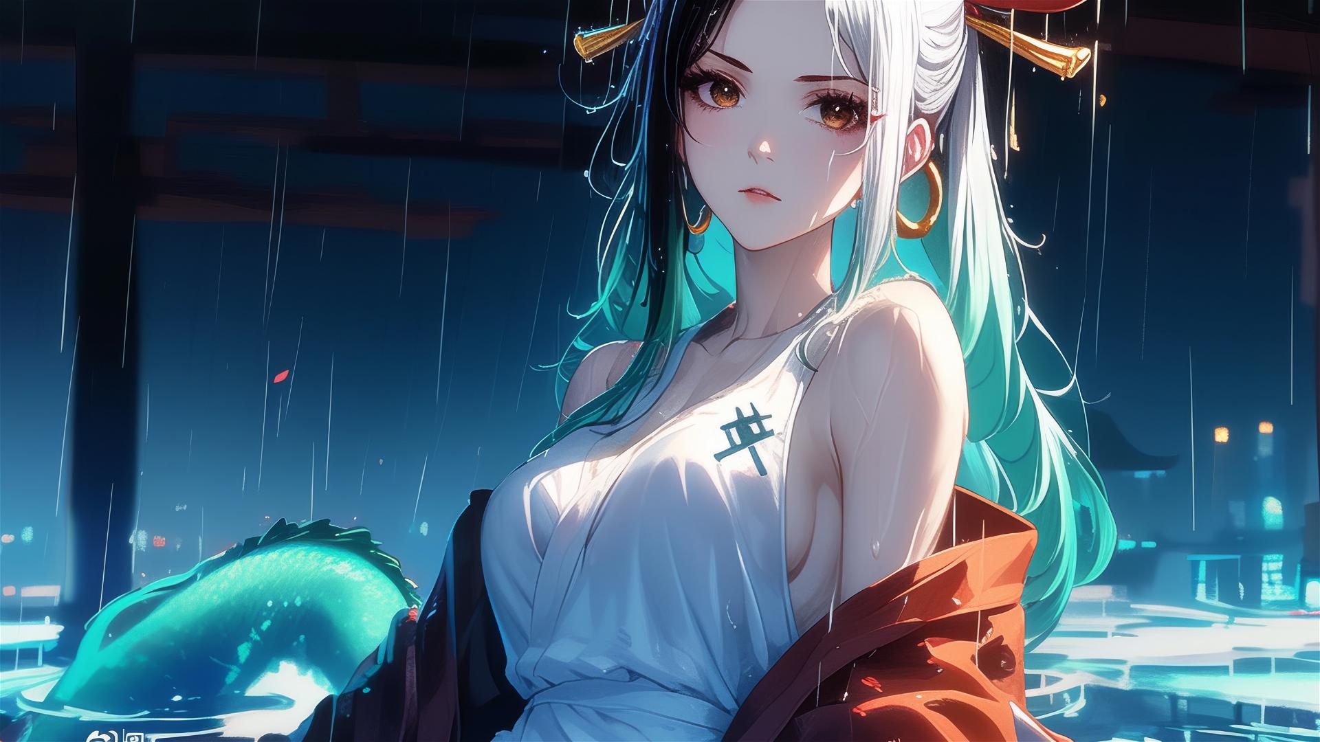 Yamato from One Piece stands in a pool under moonlight in a white dress with rain