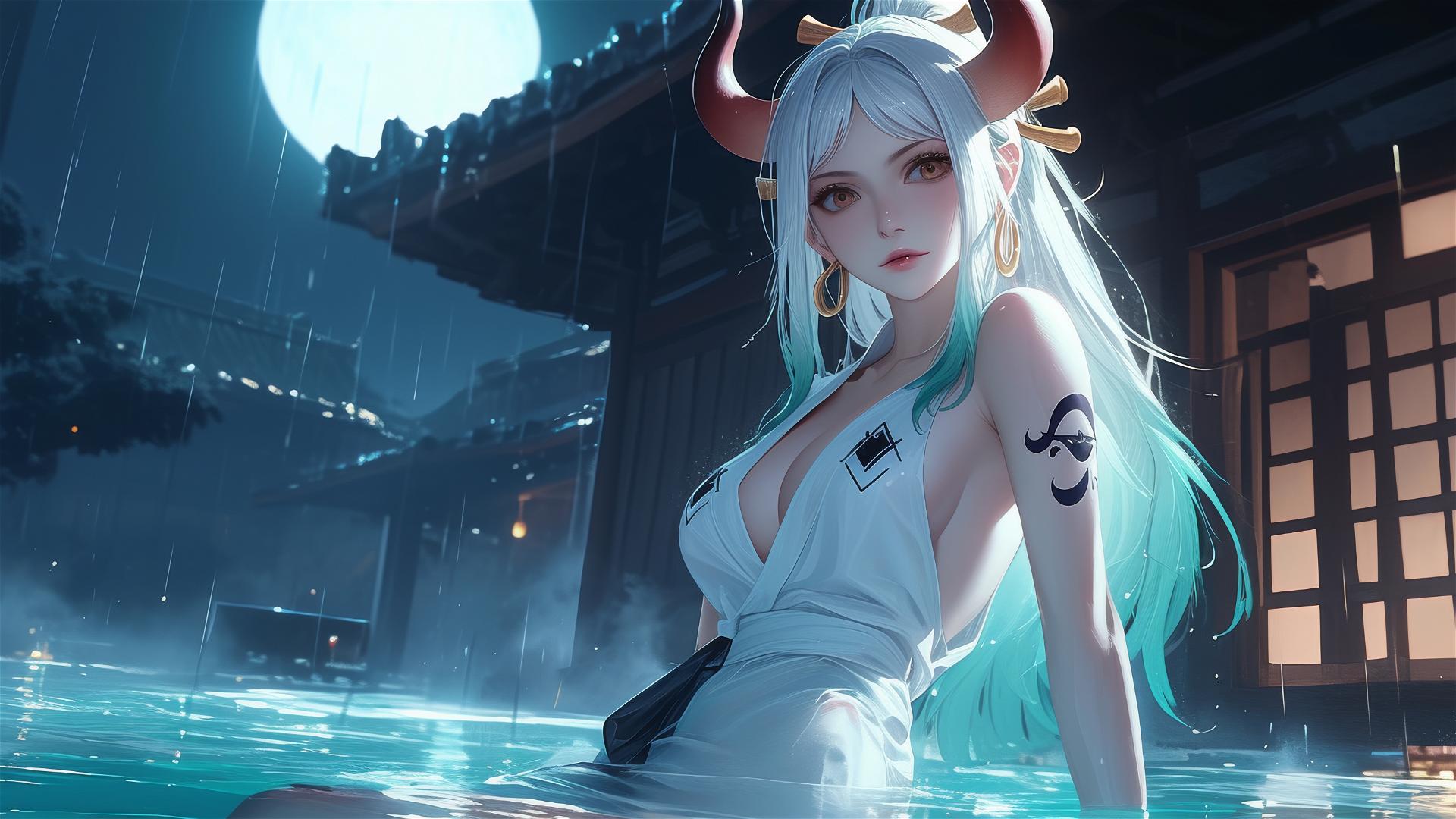 Yamato from One Piece standing in a pool with moonlight and rain